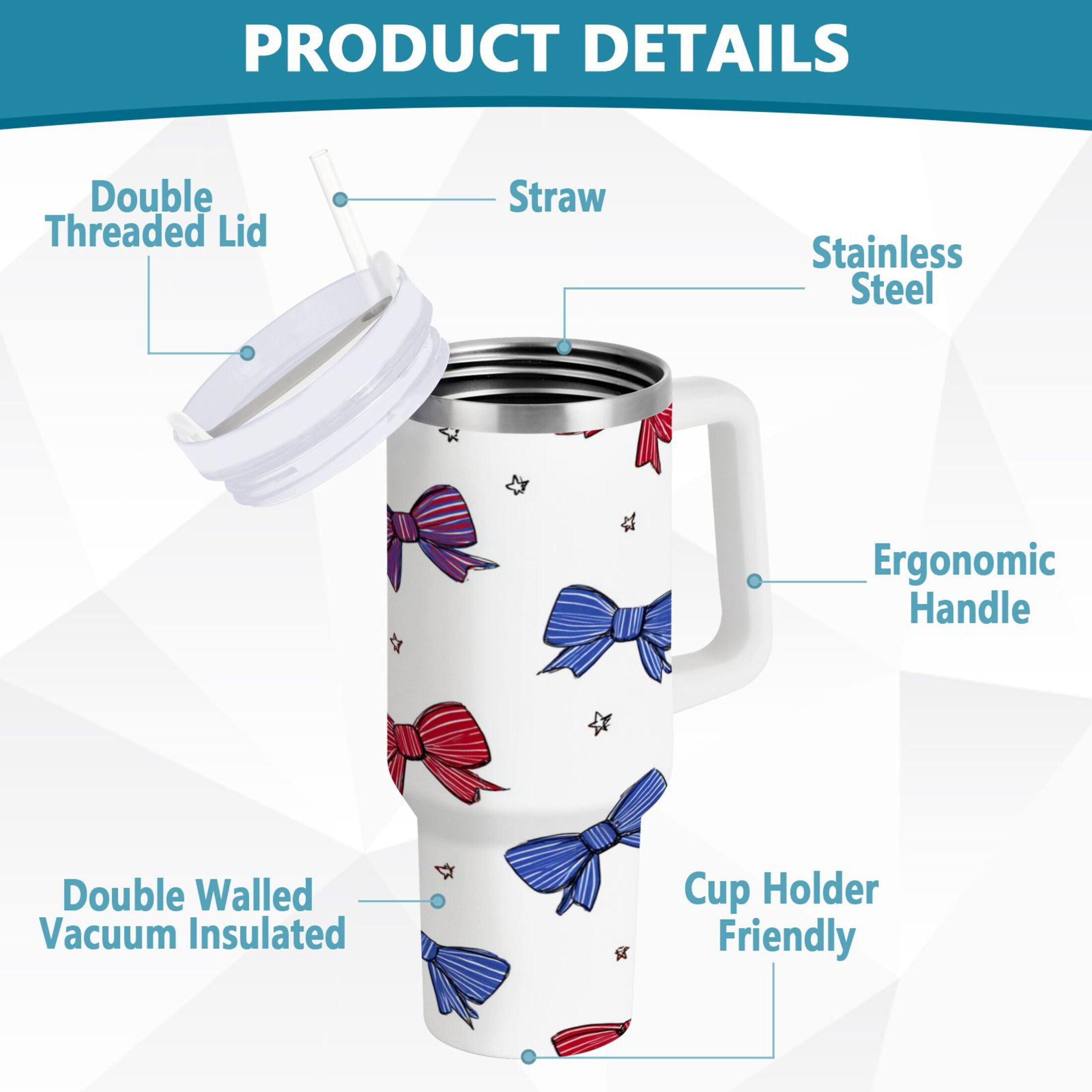 30 oz Insulated Stainless Steel Tumbler Double Wall Stainless Steel Tumbler with 2-Way Drinking Red and Blue Stripe Bows P1OE