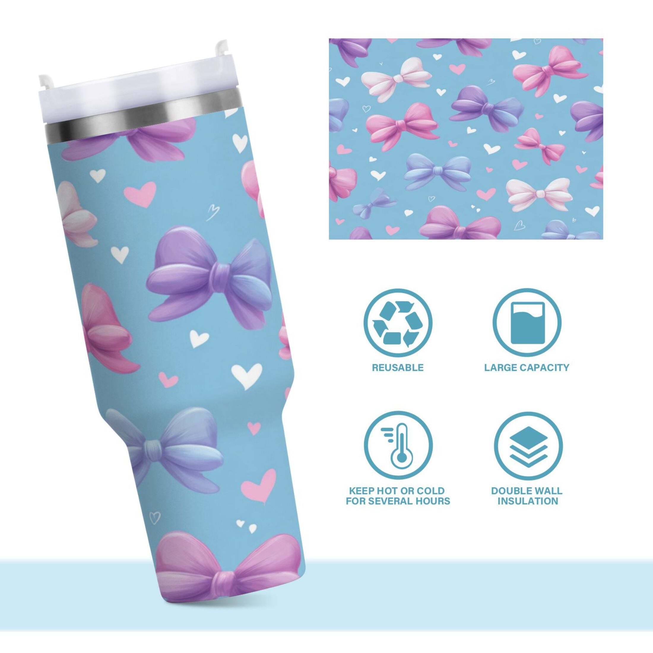 30 oz Insulated Stainless Steel Tumbler Double Wall Stainless Steel Tumbler with 2-Way Drinking Pink and Purple Bows F2KL