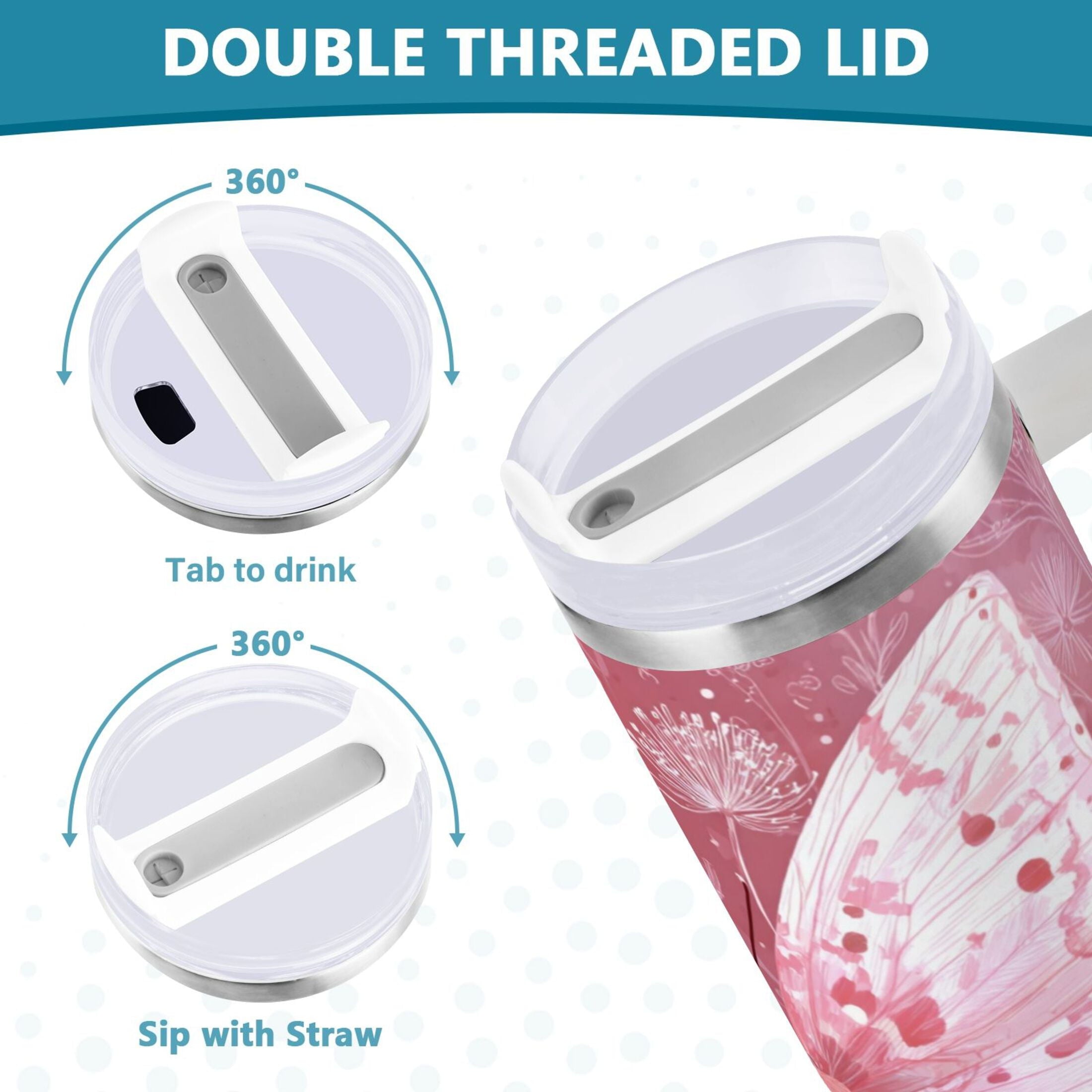 30 oz Insulated Stainless Steel Tumbler Double Wall Stainless Steel Tumbler with 2-Way Drinking Soft Pink Butterfly JRCR
