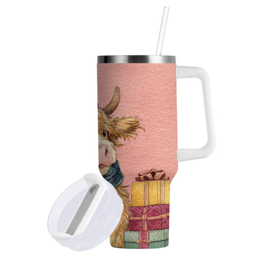 30 oz Insulated Stainless Steel Tumbler Double Wall Stainless Steel Tumbler with 2-Way Drinking Cow Wearing Scarf and Hat XMXO