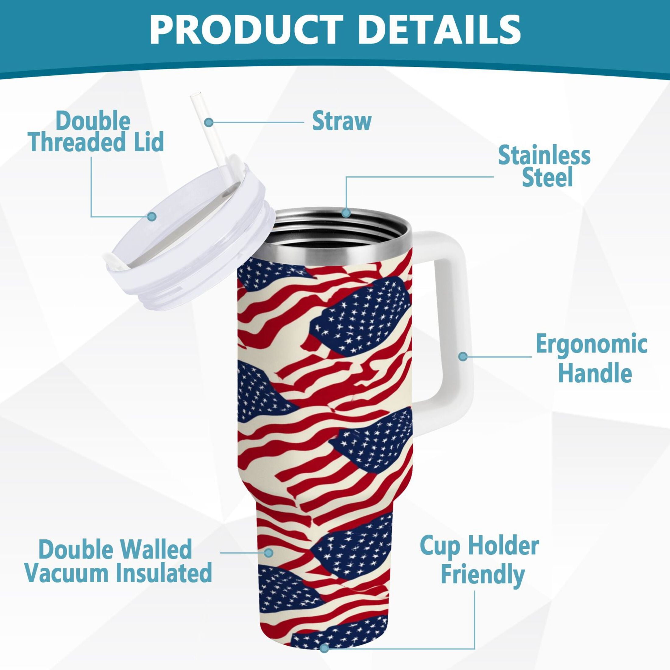 40 oz Insulated Stainless Steel Tumbler Double Wall Stainless Steel Tumbler with 2-Way Drinking Flags Abstract Design D7WS