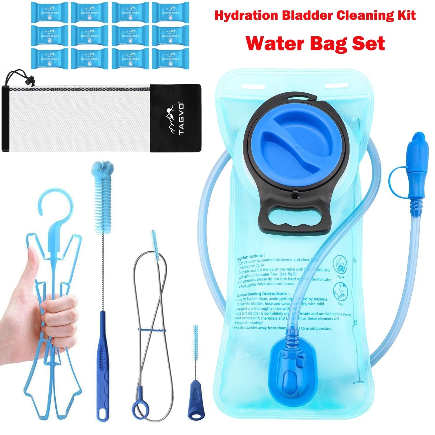 TAGVO Hydration Bladder 2 Liter BPA Free 70oz + Cleaning Brushes Kit, Leakproof Water Bladder Travel Reservoir Hydration Bag, Easy Cleaning by 3 Brushes and Air Drying by Collapsible Frame NNPI