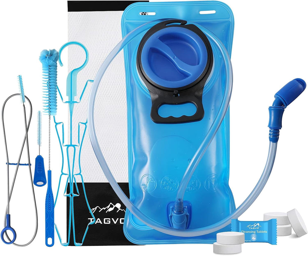 TAGVO Hydration Bladder 2 Liter BPA Free 70oz + Cleaning Brushes Kit, Leakproof Water Bladder Travel Reservoir Hydration Bag, Easy Cleaning by 3 Brushes and Air Drying by Collapsible Frame NNPI