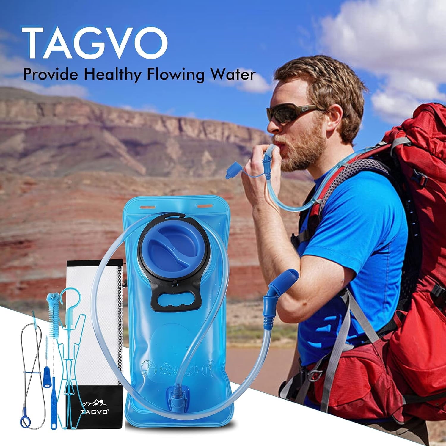 TAGVO Hydration Bladder 2 Liter BPA Free 70oz + Cleaning Brushes Kit, Leakproof Water Bladder Travel Reservoir Hydration Bag, Easy Cleaning by 3 Brushes and Air Drying by Collapsible Frame NNPI