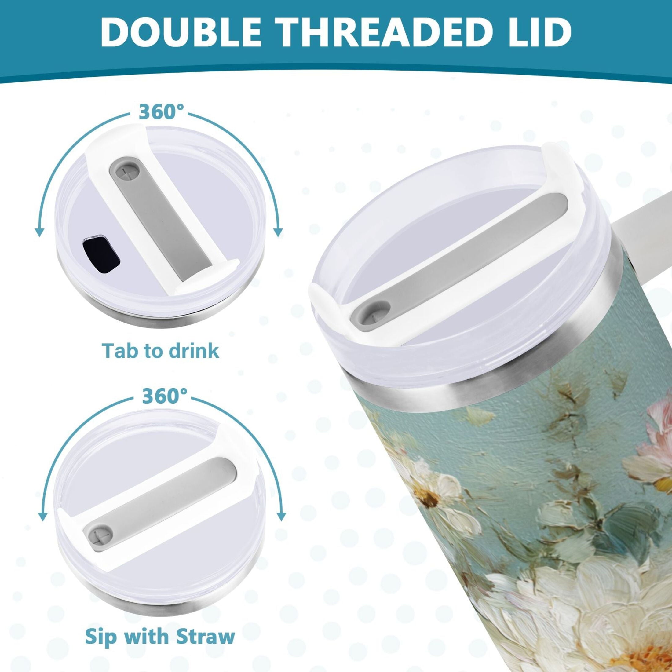 40 oz Insulated Stainless Steel Tumbler Double Wall Stainless Steel Tumbler with 2-Way Drinking Vintage Peonies and Daisies 037B