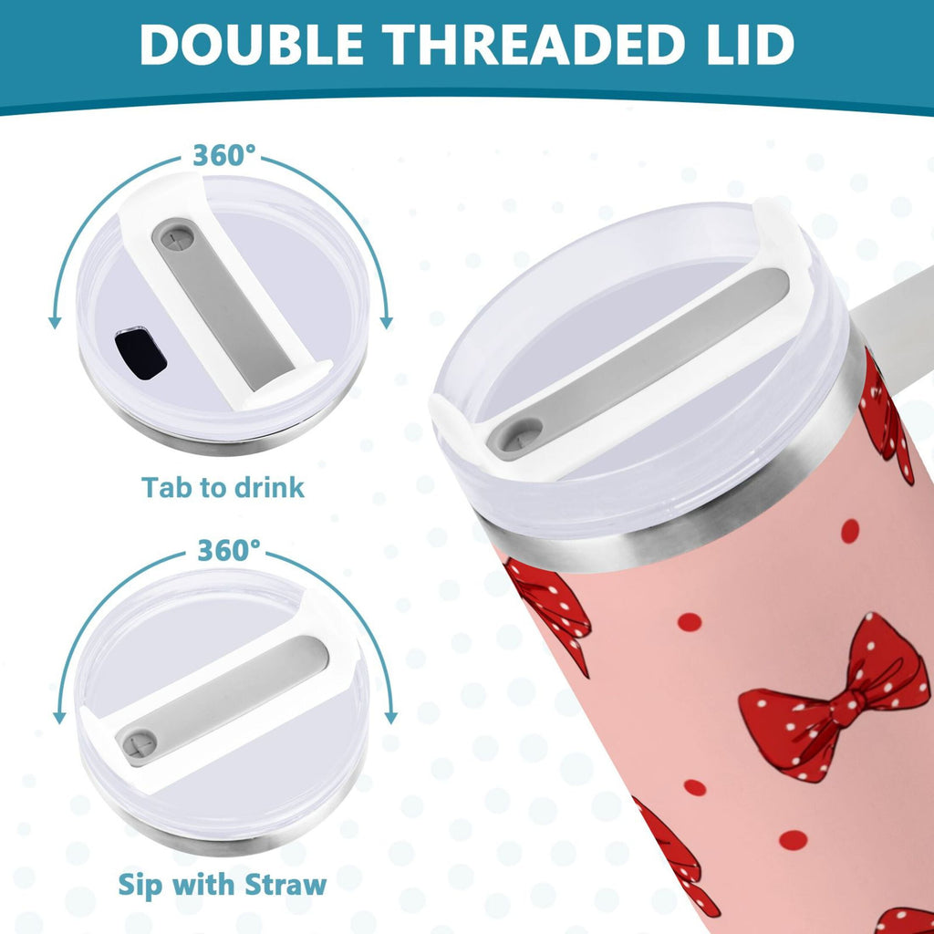 40 oz Insulated Stainless Steel Tumbler Double Wall Stainless Steel Tumbler with 2-Way Drinking Red Bows and Polka Dots YVSX
