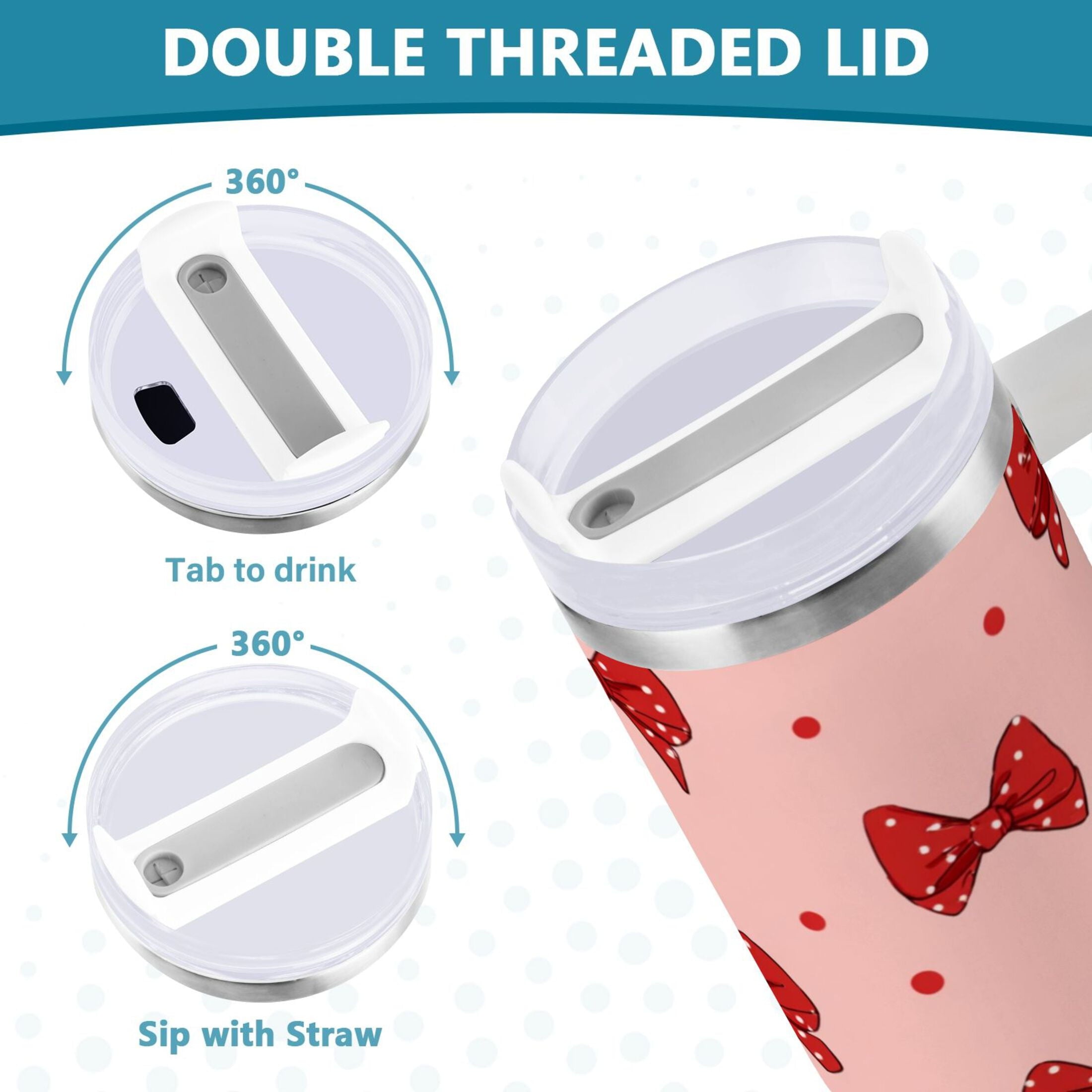 40 oz Insulated Stainless Steel Tumbler Double Wall Stainless Steel Tumbler with 2-Way Drinking Red Bows and Polka Dots YVSX