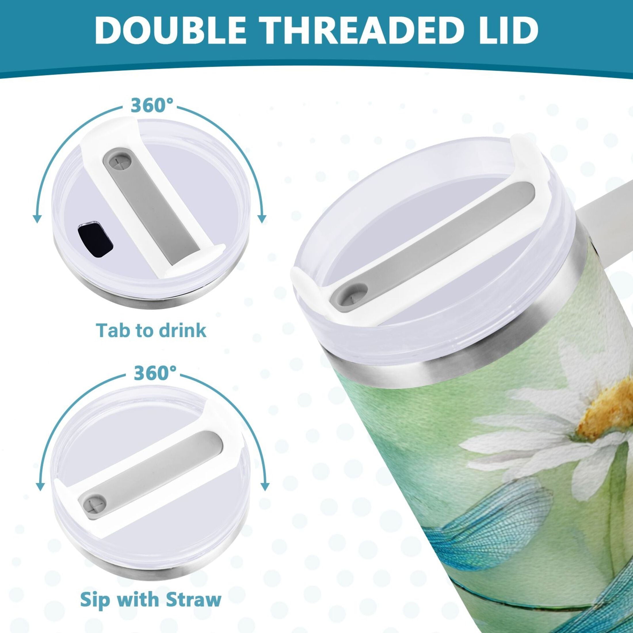 30 oz Insulated Stainless Steel Tumbler Double Wall Stainless Steel Tumbler with 2-Way Drinking Beautiful Dragonflies and Daisies 3A2U