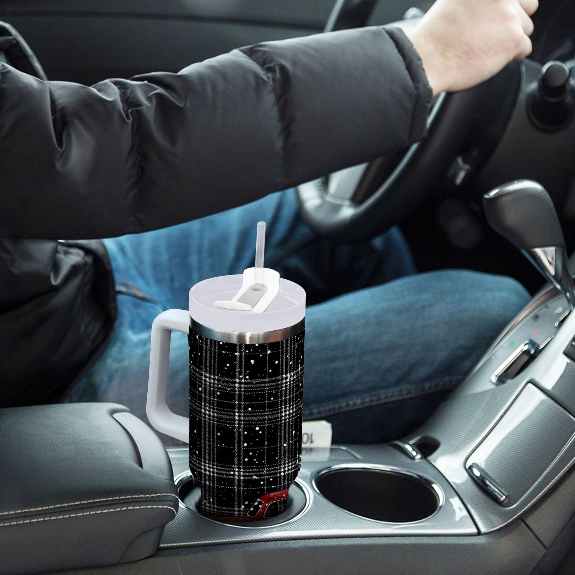 40 oz Insulated Stainless Steel Tumbler Double Wall Stainless Steel Tumbler with 2-Way Drinking Red Truck with Christmas Tree H1CN