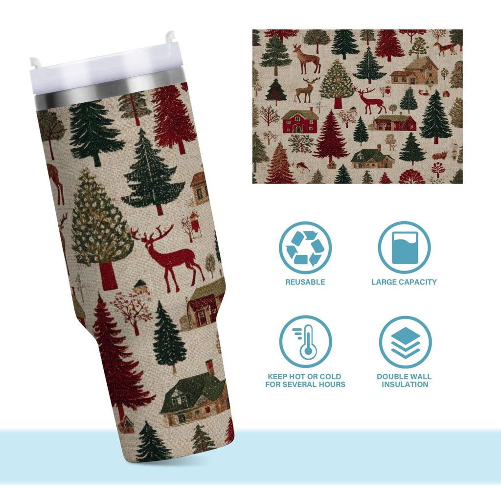 30 oz Insulated Stainless Steel Tumbler Double Wall Stainless Steel Tumbler with 2-Way Drinking Christmas Trees Deer and Houses 6U28