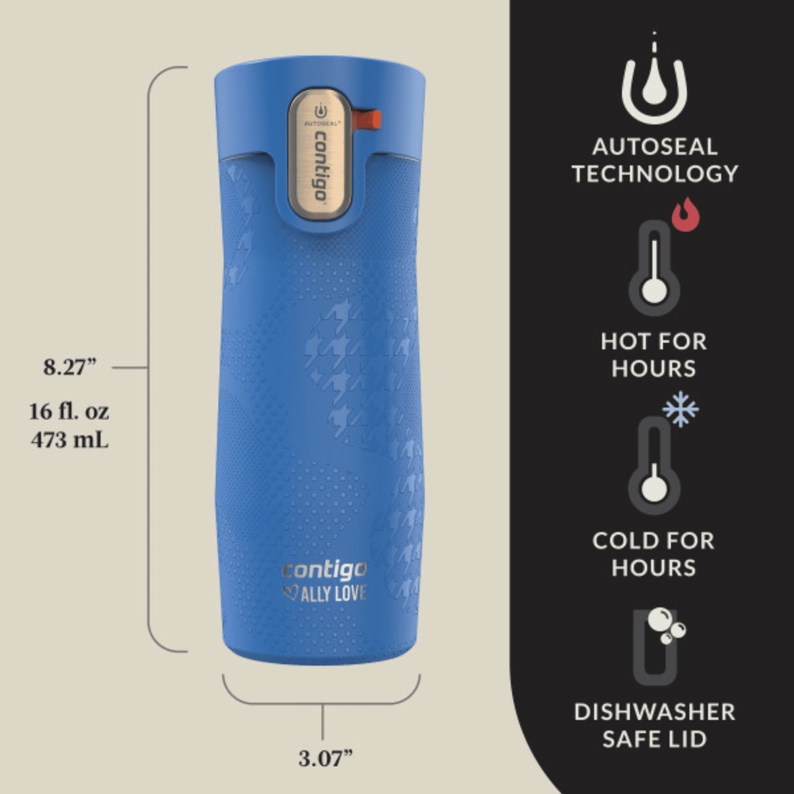Contigo x Ally Love Autoseal West Loop Vacuum-Insulated Stainless Steel Travel Mug with Easy-Clean Lid, 16 oz, Stellar Jay R512