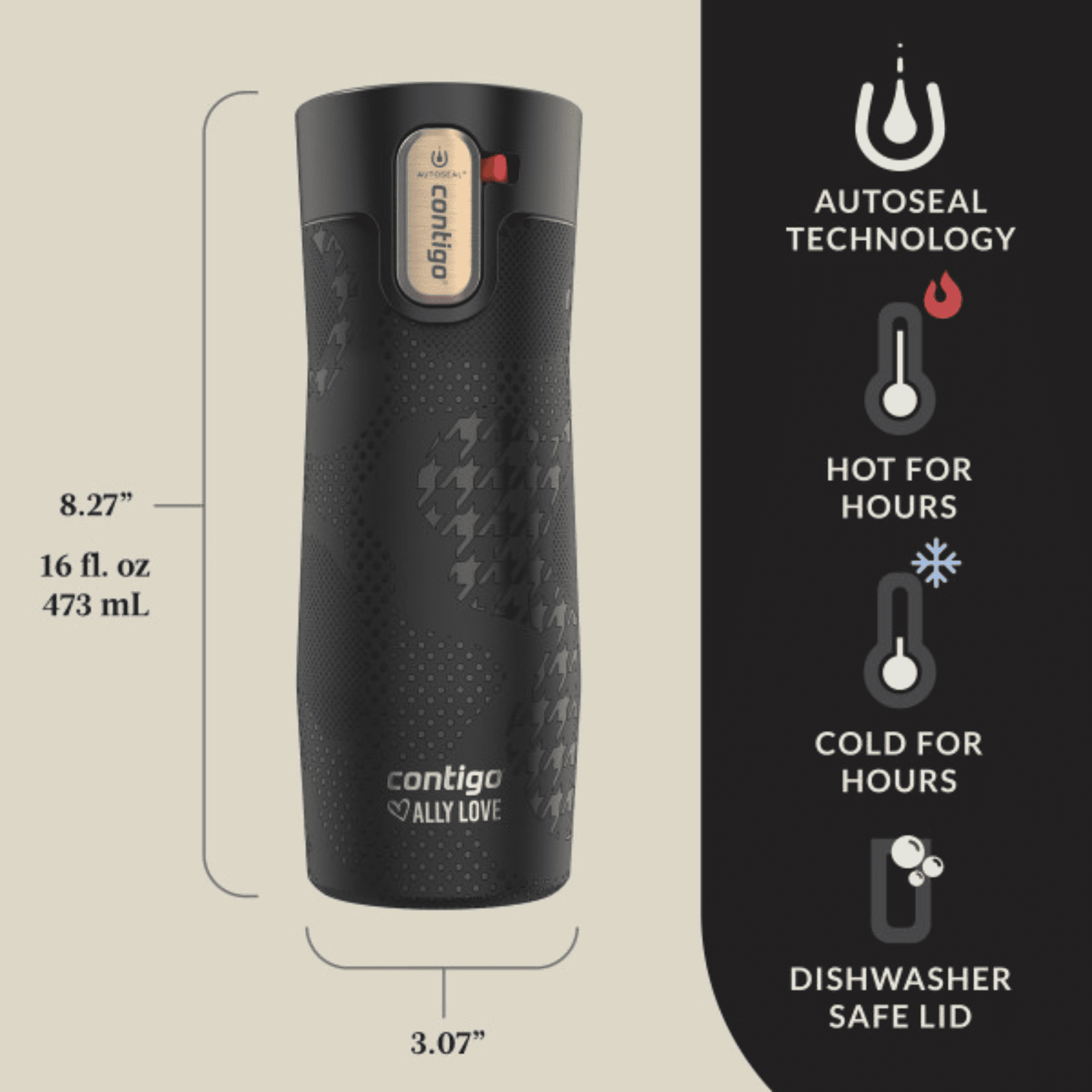 Contigo x Ally Love Autoseal West Loop Vacuum-Insulated Stainless Steel Travel Mug with Easy-Clean Lid, 16 oz, Stellar Jay R512