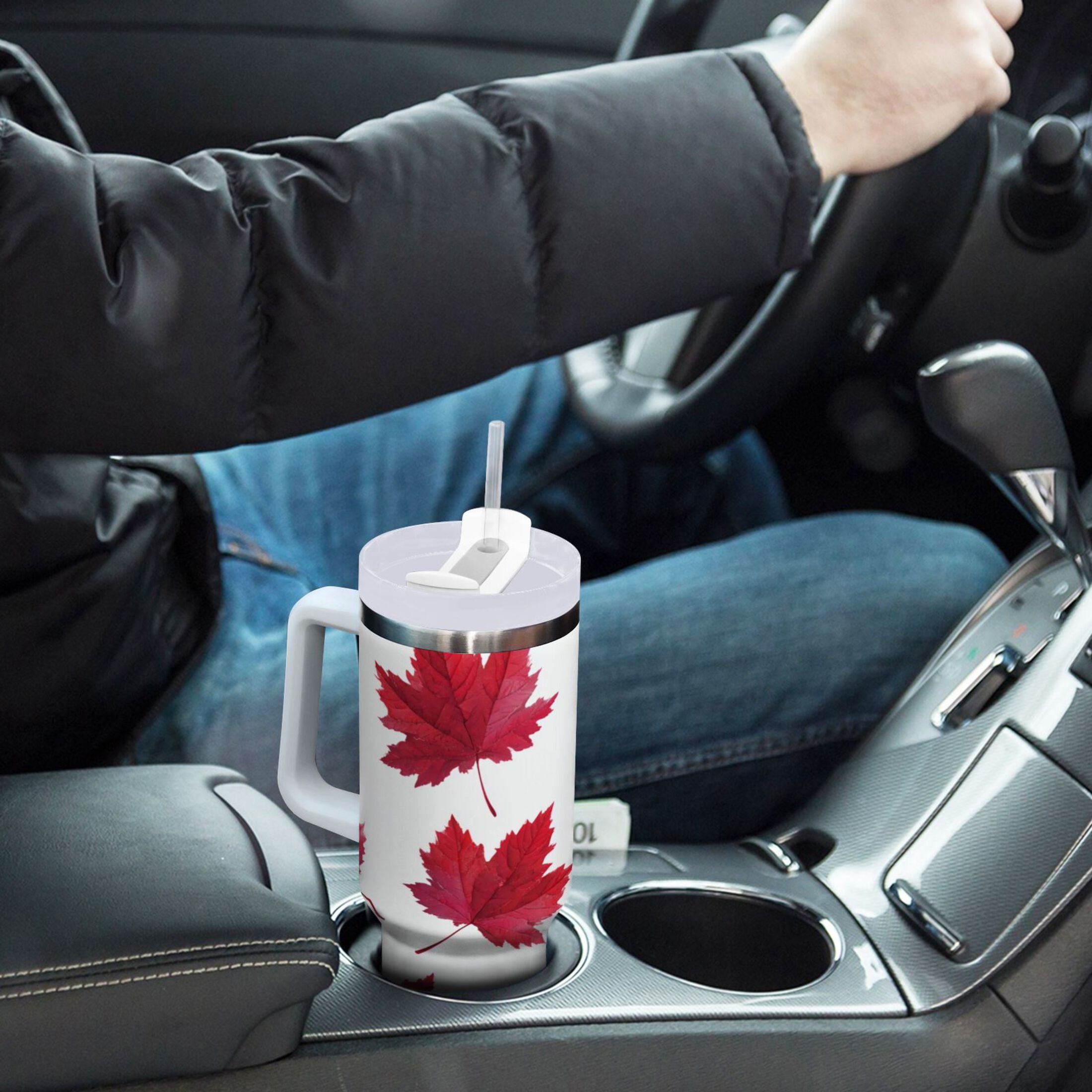 30 oz Insulated Stainless Steel Tumbler Double Wall Stainless Steel Tumbler with 2-Way Drinking Red Maple Leaves D0J8