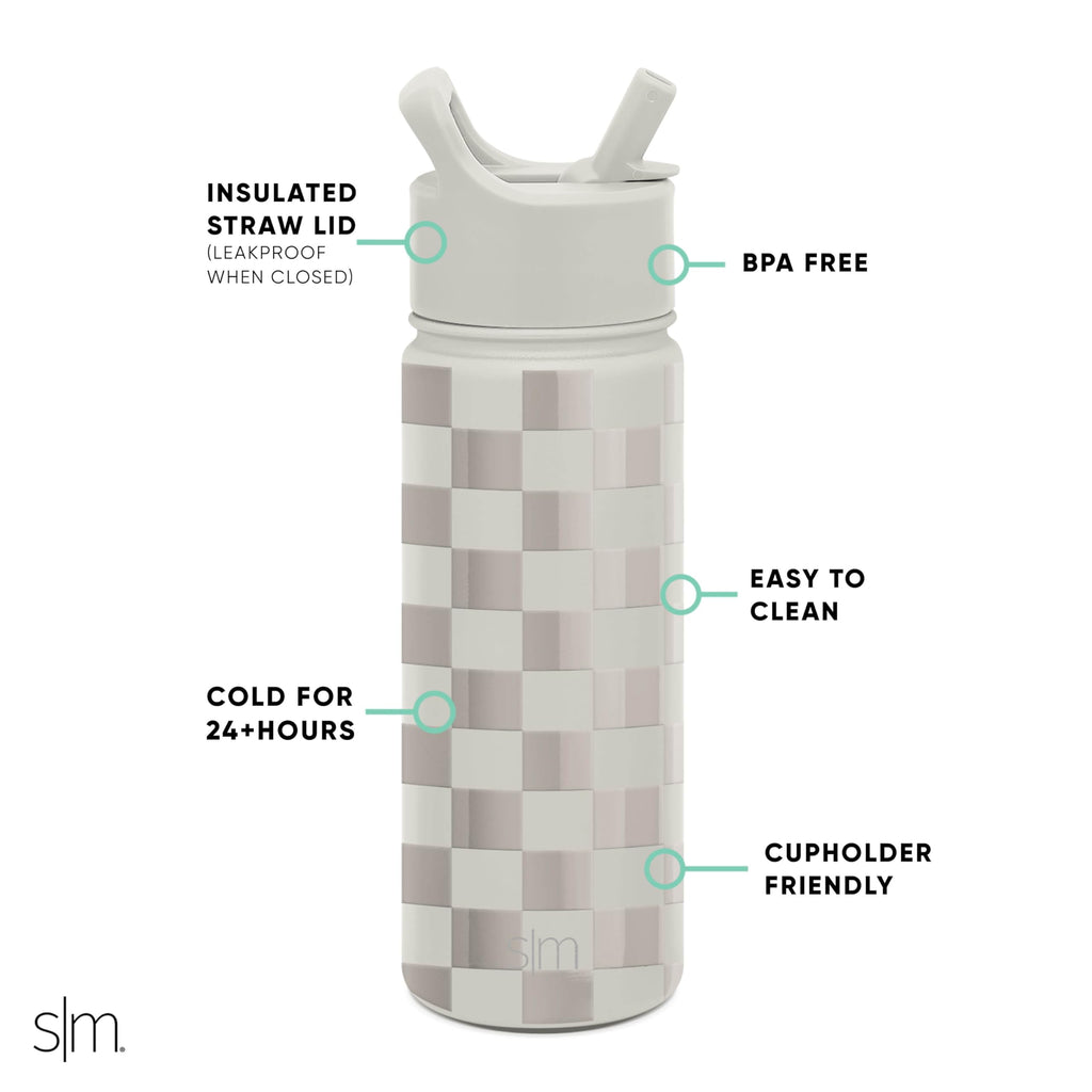 Simple Modern Kids Water Bottle with Straw Lid Vacuum Insulated Stainless Steel Metal Thermos Bottles | Reusable Leak Proof BPA-Free Flask for School | Summit Collection | 18oz, Checkmate 1HGV