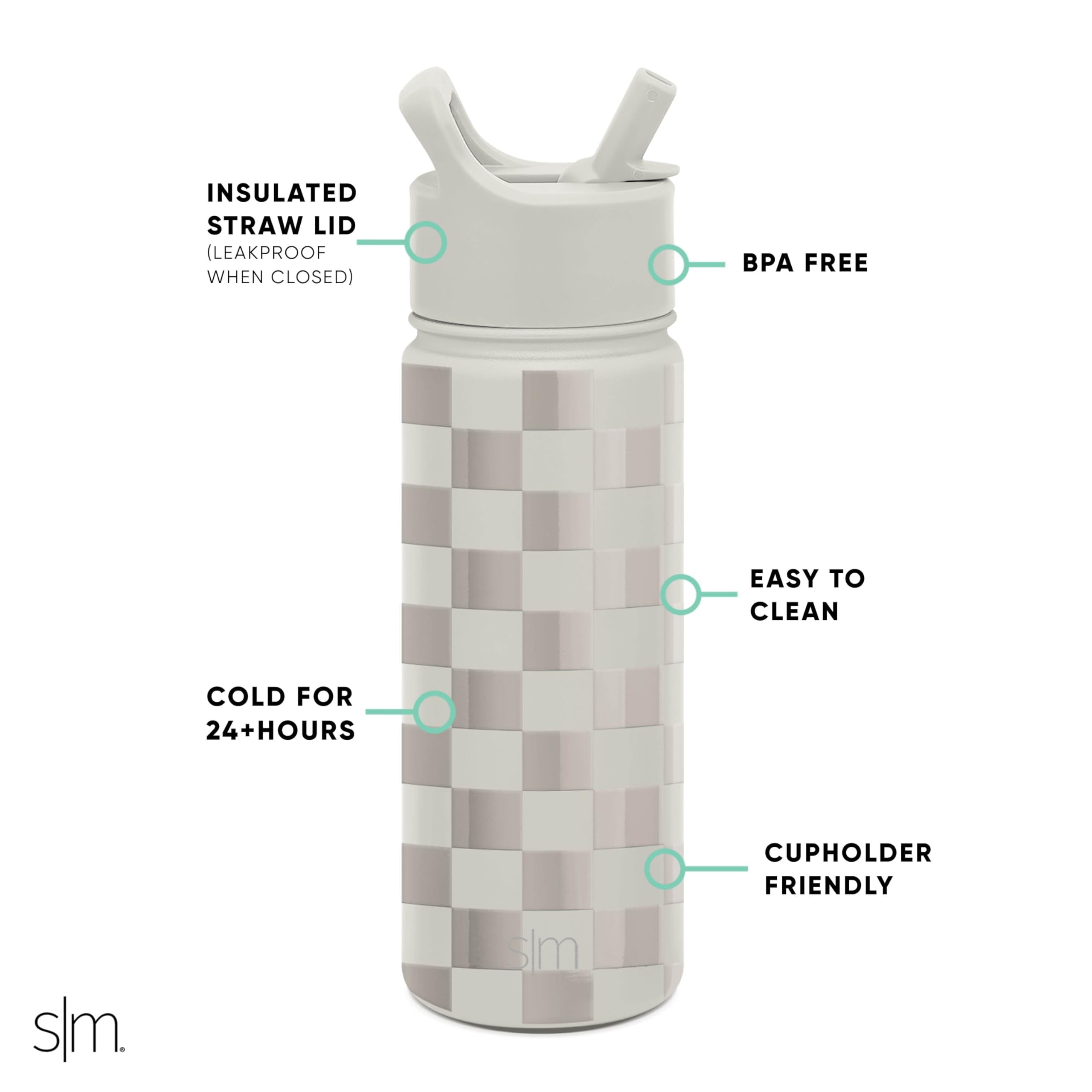 Simple Modern Kids Water Bottle with Straw Lid Vacuum Insulated Stainless Steel Metal Thermos Bottles | Reusable Leak Proof BPA-Free Flask for School | Summit Collection | 18oz, Checkmate 1HGV