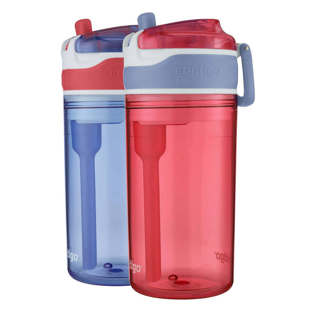 Contigo Kids 2-in-1 Snack Hero Tumbler Featuring 4oz Snack Holder Stacked on Top of 13oz Water Bottle - BPA Free, Durable Tritan w/Flexible Carry Handle &amp; Spill-Proof Valve, Purple &amp; Pink – 2 Pack C0V3