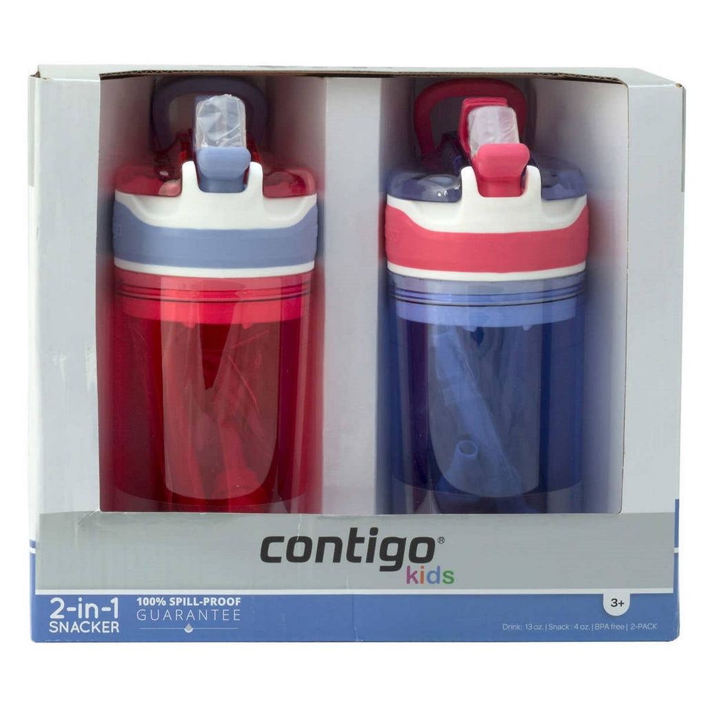 Contigo Kids 2-in-1 Snack Hero Tumbler Featuring 4oz Snack Holder Stacked on Top of 13oz Water Bottle - BPA Free, Durable Tritan w/Flexible Carry Handle &amp; Spill-Proof Valve, Purple &amp; Pink – 2 Pack C0V3