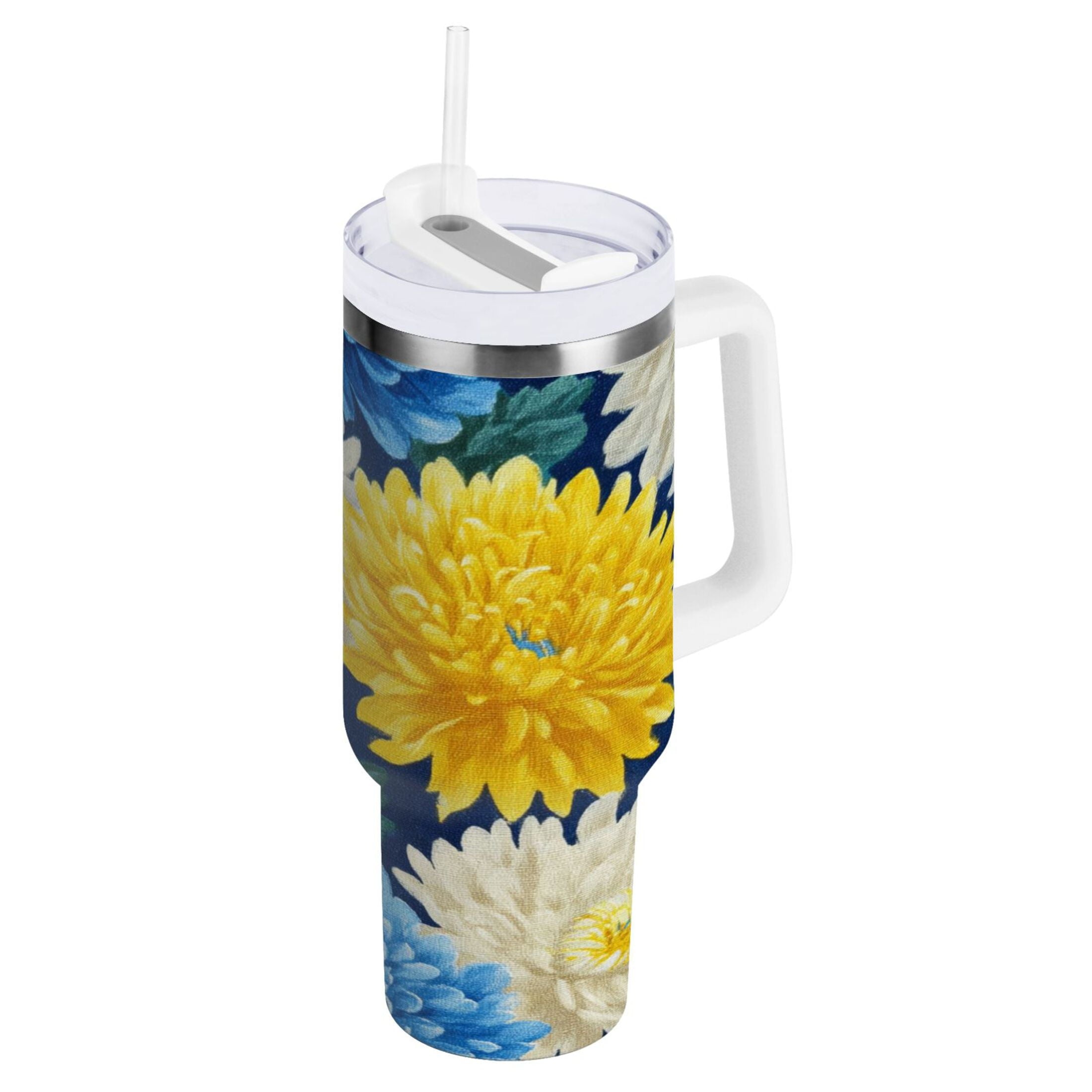 30 oz Insulated Stainless Steel Tumbler Double Wall Stainless Steel Tumbler with 2-Way Drinking Yellow and White Chrysanthemum YJBD