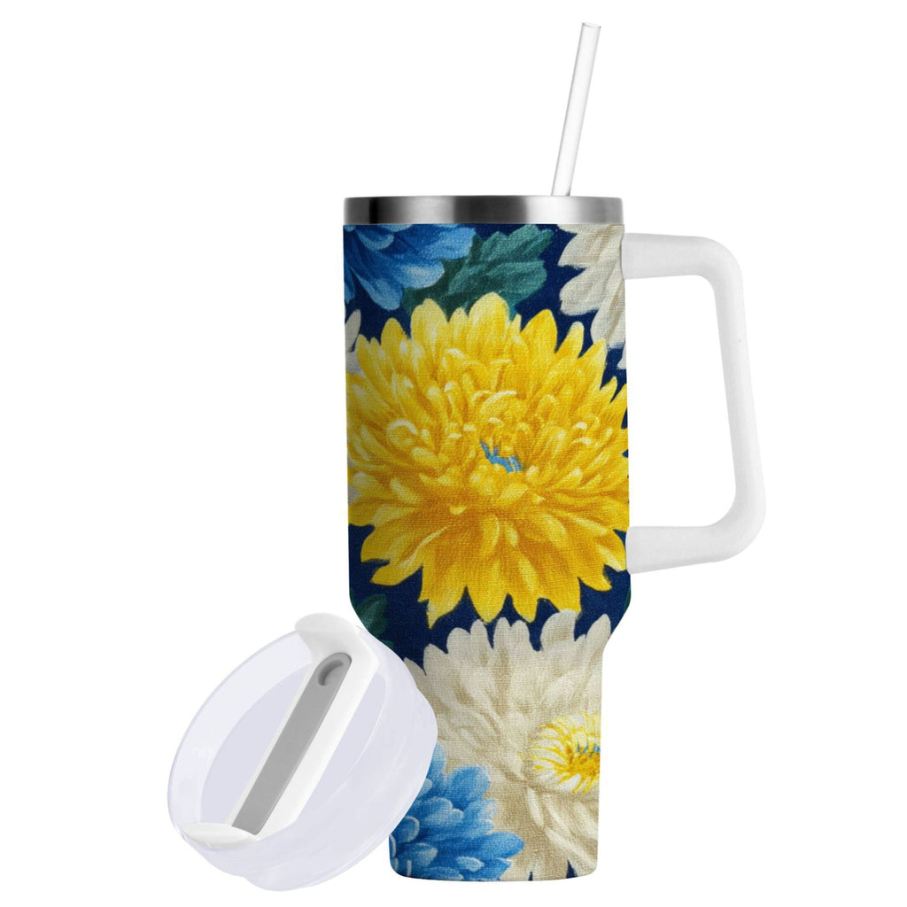 30 oz Insulated Stainless Steel Tumbler Double Wall Stainless Steel Tumbler with 2-Way Drinking Yellow and White Chrysanthemum YJBD