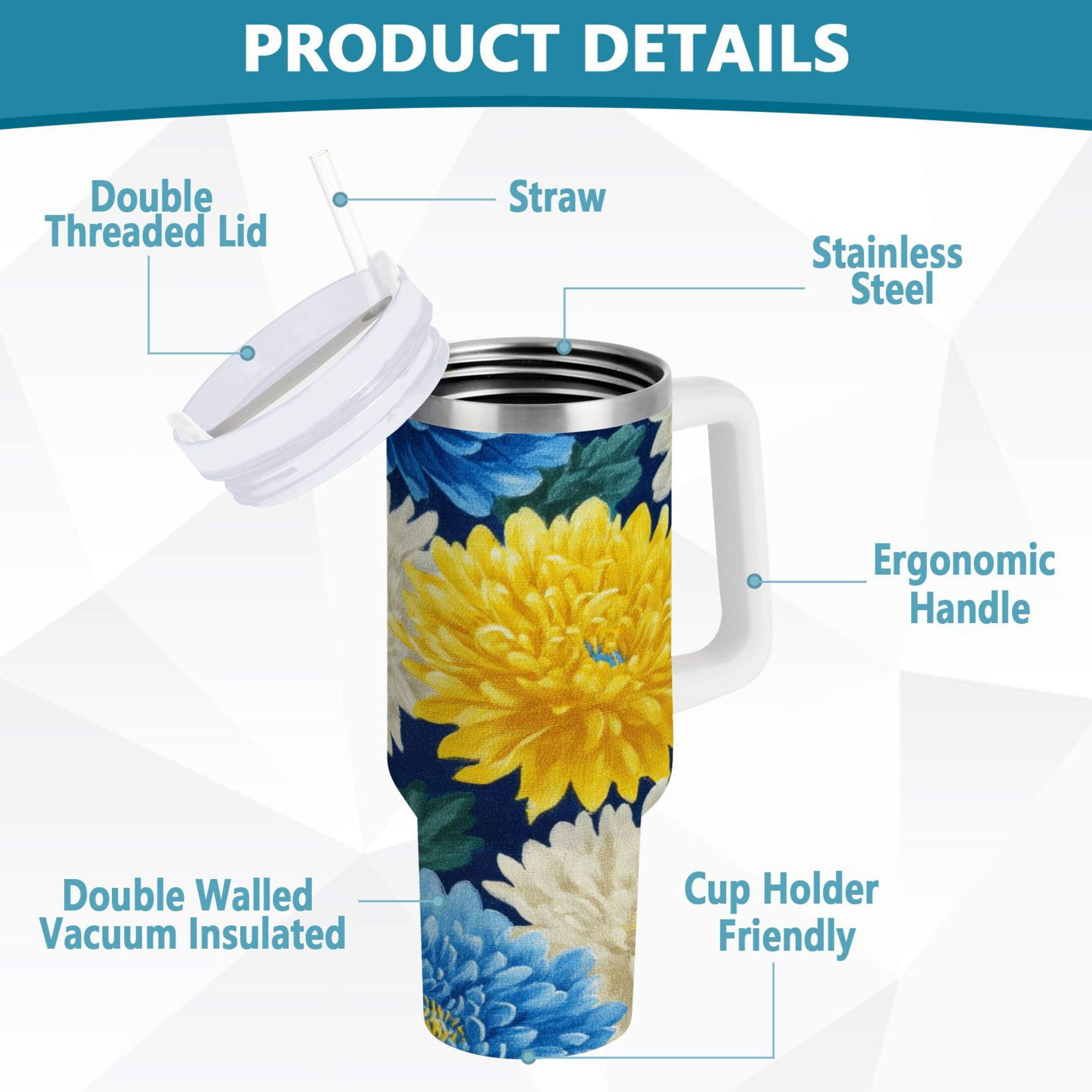 30 oz Insulated Stainless Steel Tumbler Double Wall Stainless Steel Tumbler with 2-Way Drinking Yellow and White Chrysanthemum YJBD