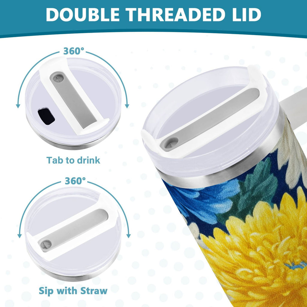 30 oz Insulated Stainless Steel Tumbler Double Wall Stainless Steel Tumbler with 2-Way Drinking Yellow and White Chrysanthemum YJBD