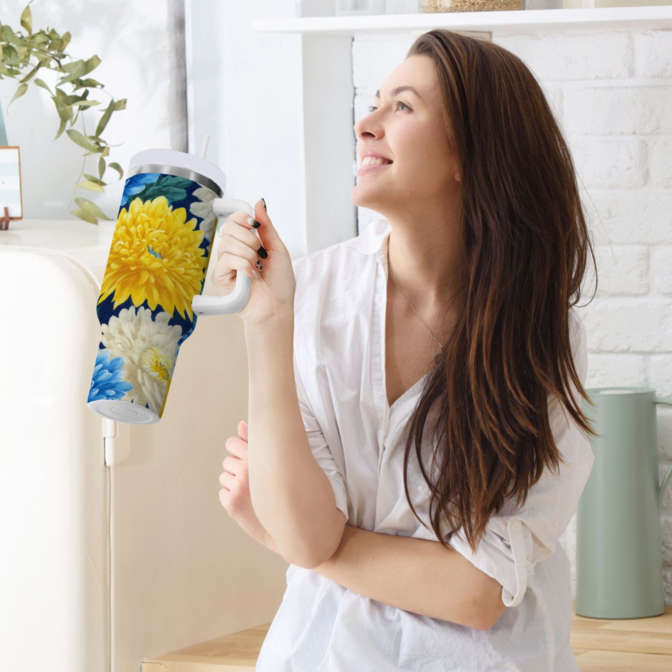30 oz Insulated Stainless Steel Tumbler Double Wall Stainless Steel Tumbler with 2-Way Drinking Yellow and White Chrysanthemum YJBD