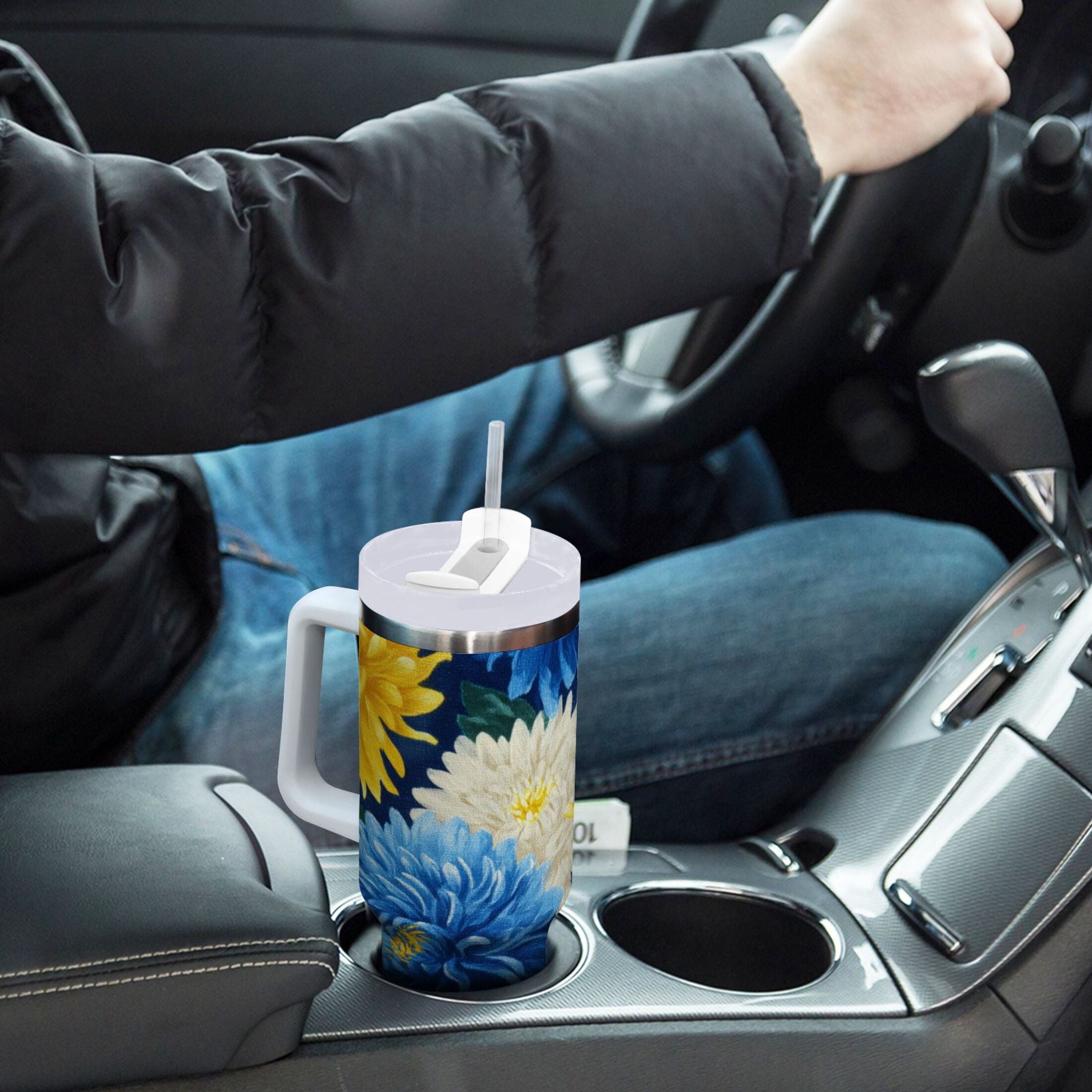 30 oz Insulated Stainless Steel Tumbler Double Wall Stainless Steel Tumbler with 2-Way Drinking Yellow and White Chrysanthemum YJBD