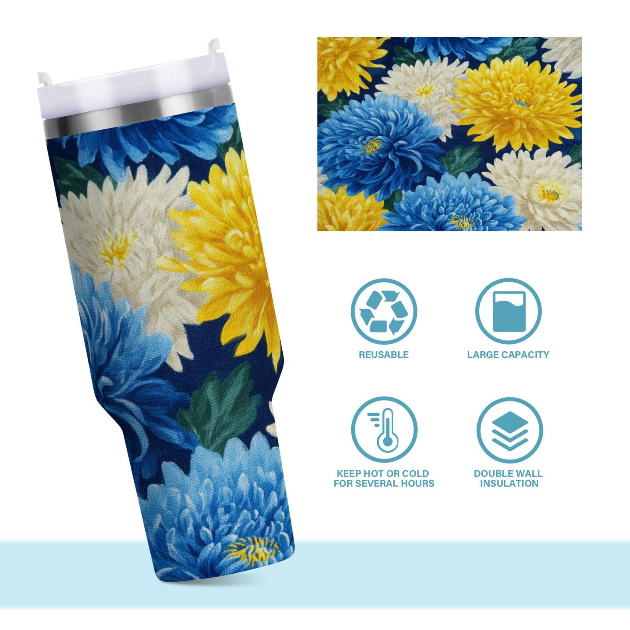 30 oz Insulated Stainless Steel Tumbler Double Wall Stainless Steel Tumbler with 2-Way Drinking Yellow and White Chrysanthemum YJBD