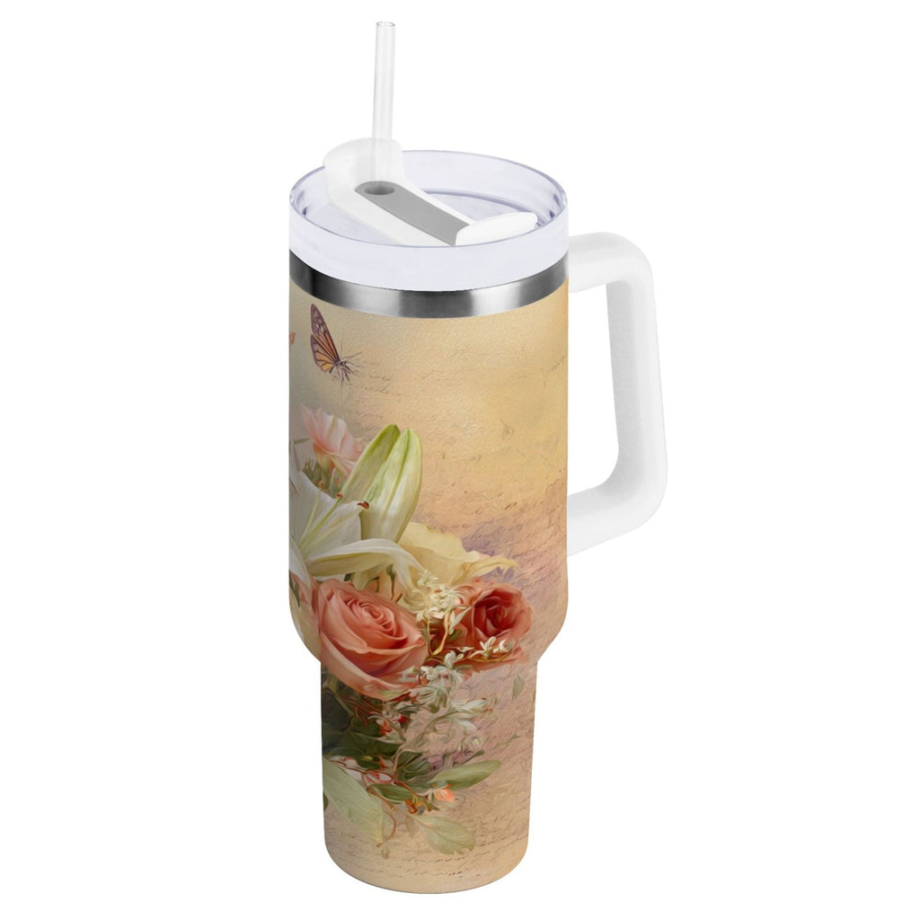 30 oz Insulated Stainless Steel Tumbler Double Wall Stainless Steel Tumbler with 2-Way Drinking Beautiful Floral Bouquet MZPS