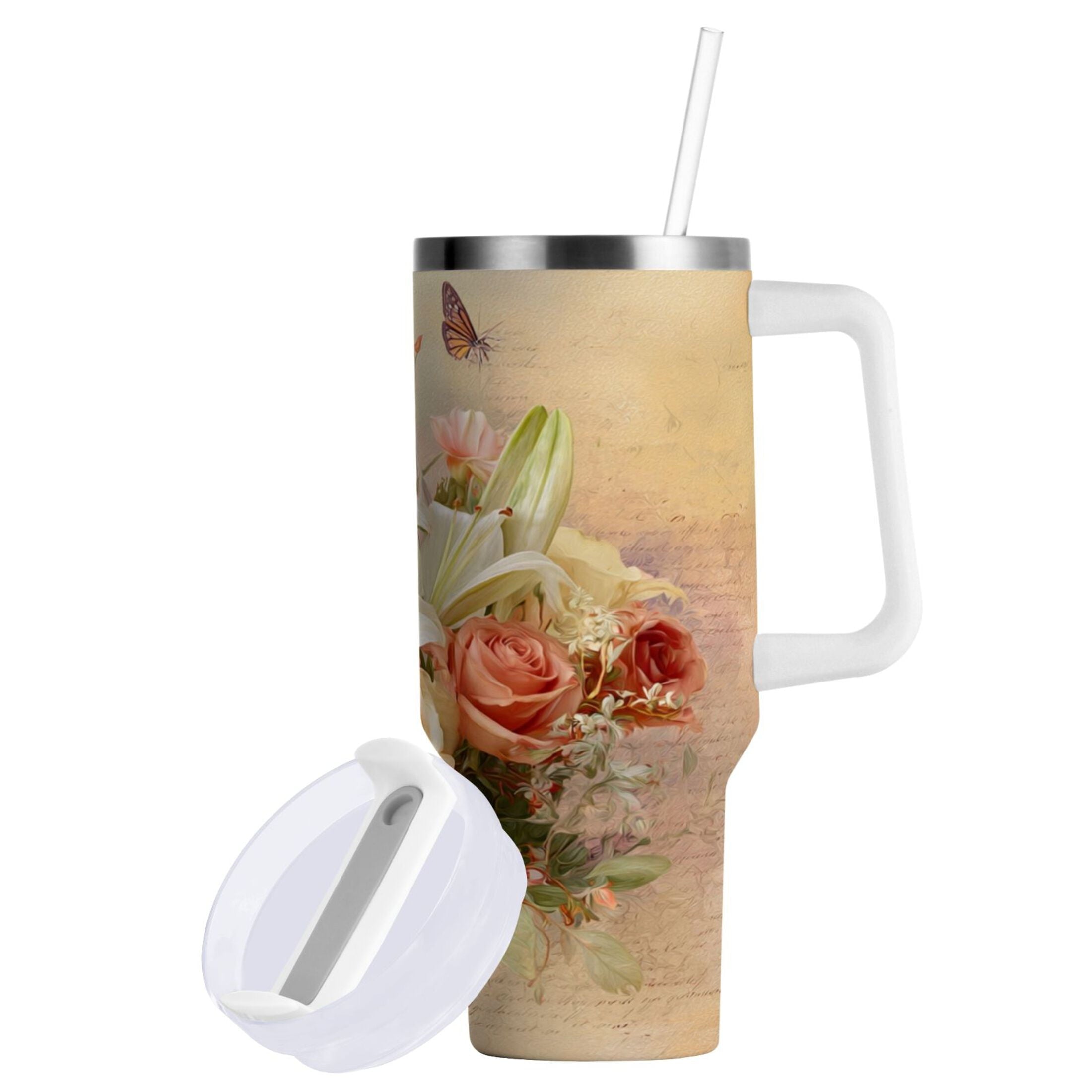 30 oz Insulated Stainless Steel Tumbler Double Wall Stainless Steel Tumbler with 2-Way Drinking Beautiful Floral Bouquet MZPS