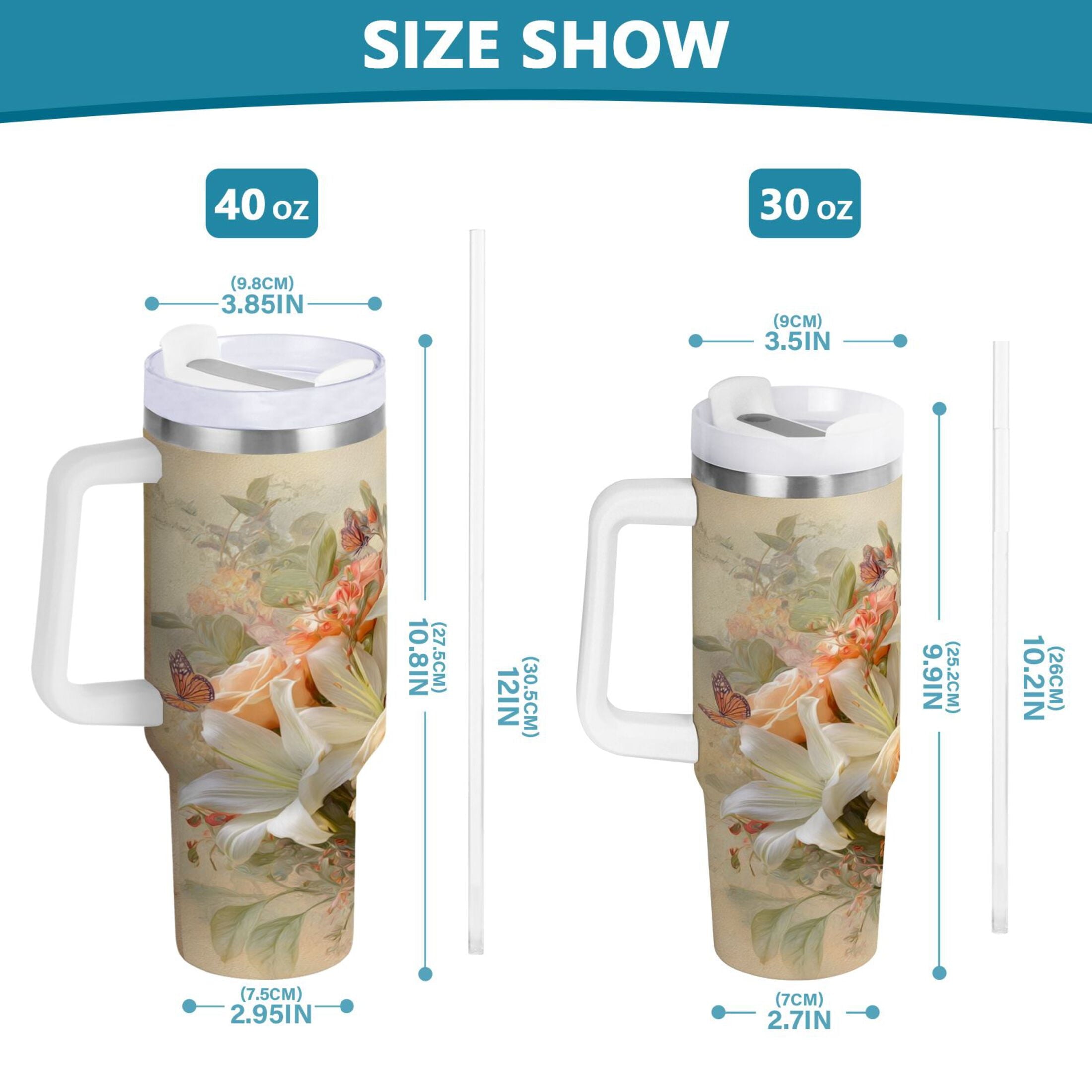 30 oz Insulated Stainless Steel Tumbler Double Wall Stainless Steel Tumbler with 2-Way Drinking Beautiful Floral Bouquet MZPS