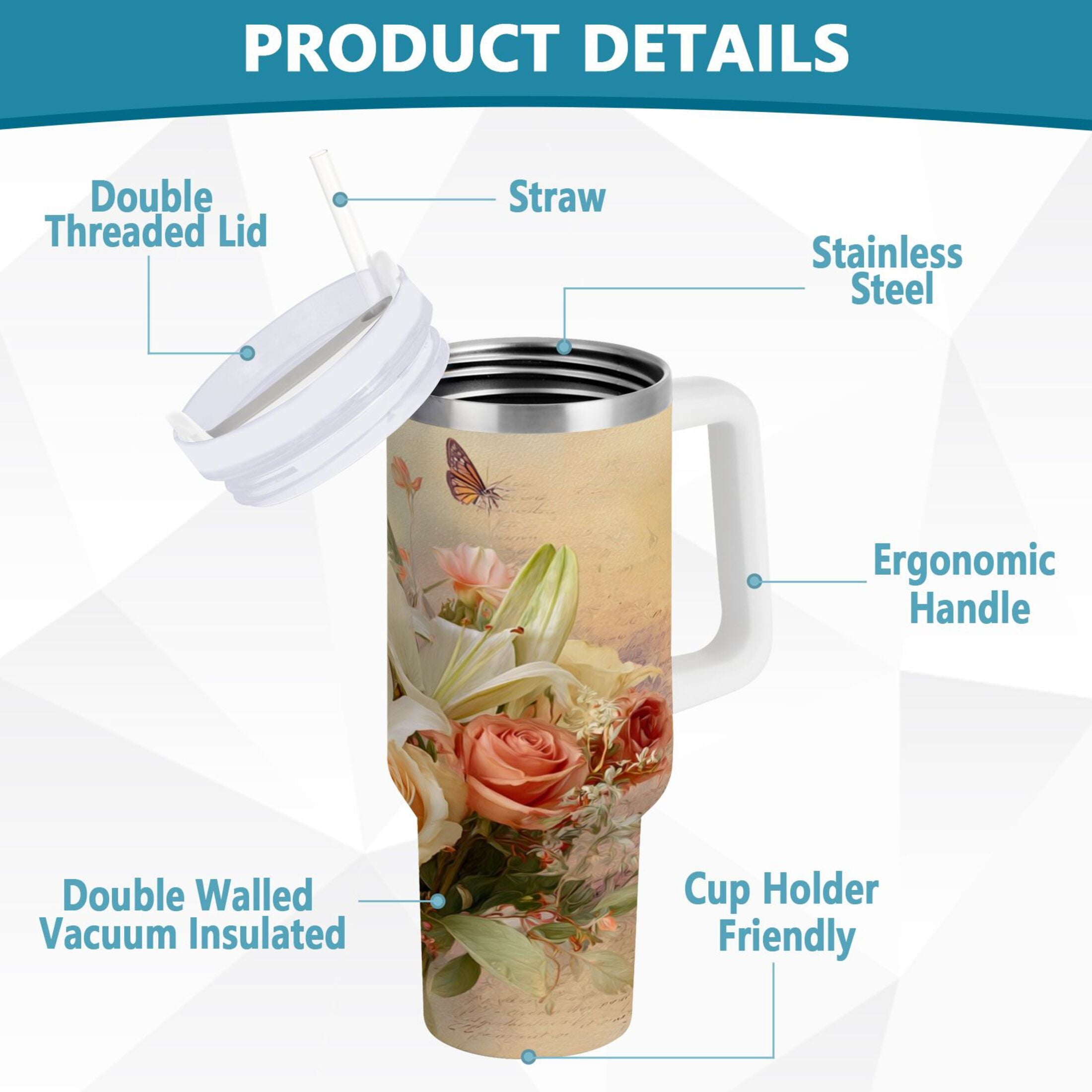 30 oz Insulated Stainless Steel Tumbler Double Wall Stainless Steel Tumbler with 2-Way Drinking Beautiful Floral Bouquet MZPS