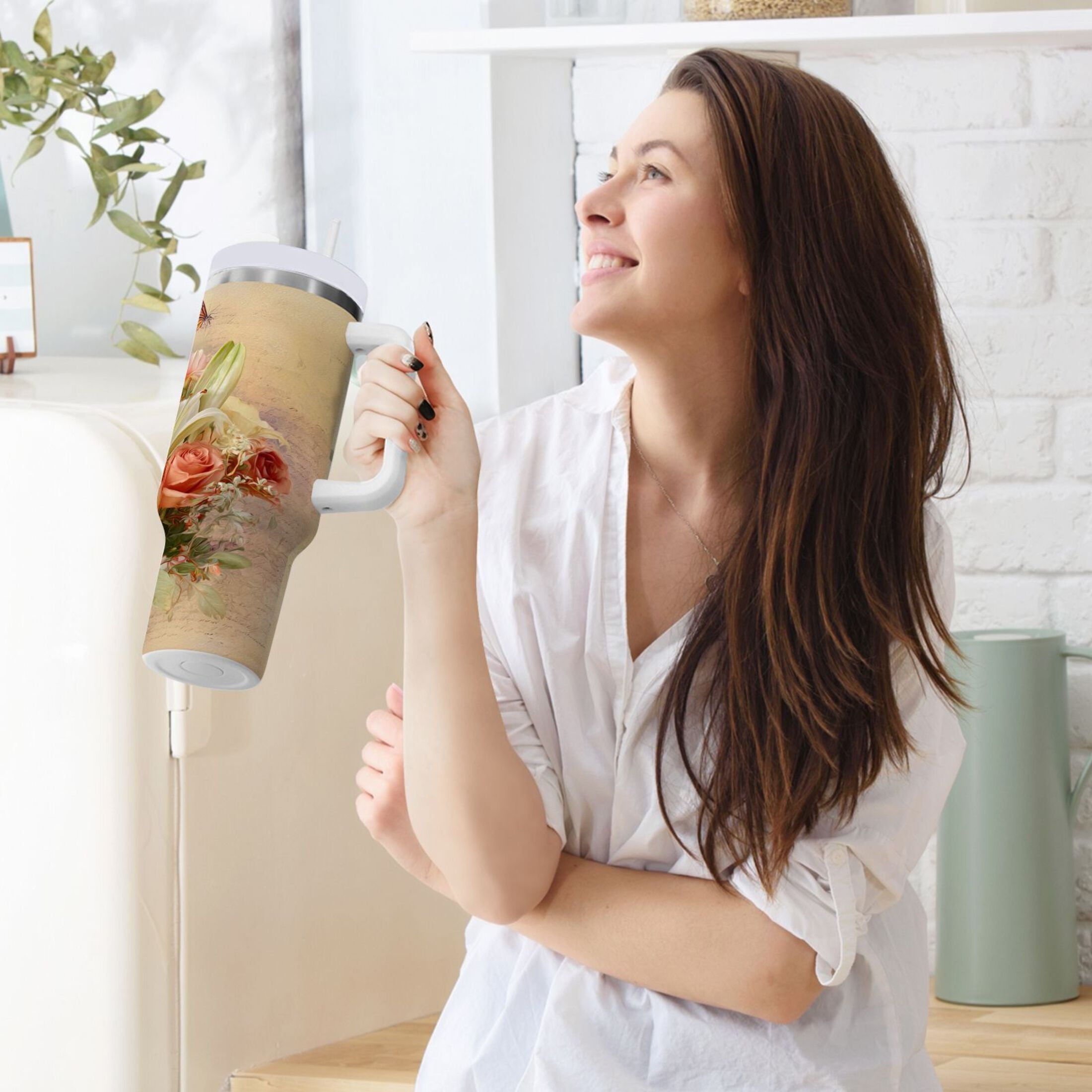 30 oz Insulated Stainless Steel Tumbler Double Wall Stainless Steel Tumbler with 2-Way Drinking Beautiful Floral Bouquet MZPS