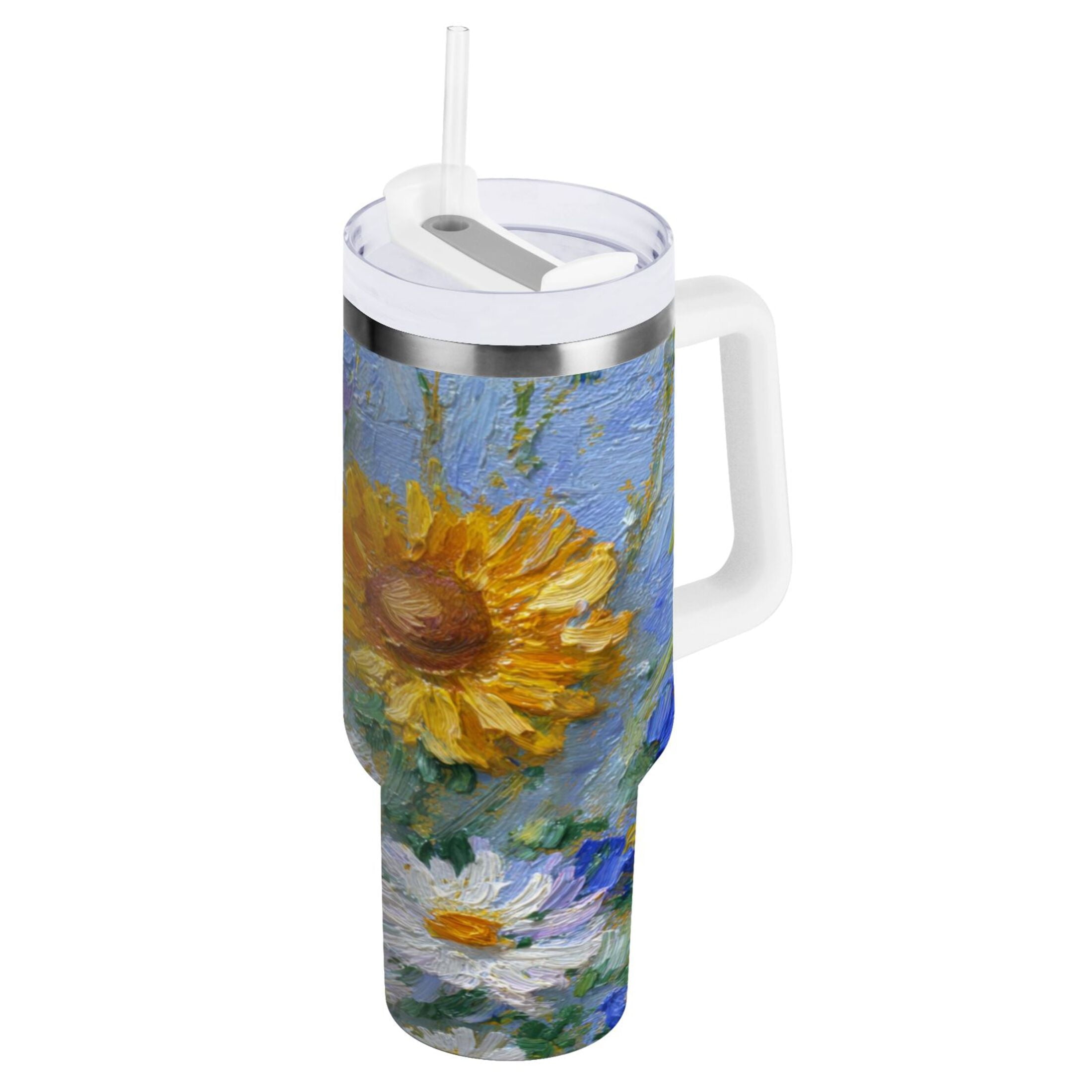 40 oz Insulated Stainless Steel Tumbler Double Wall Stainless Steel Tumbler with 2-Way Drinking Sunflowers and Daisies 3DT5