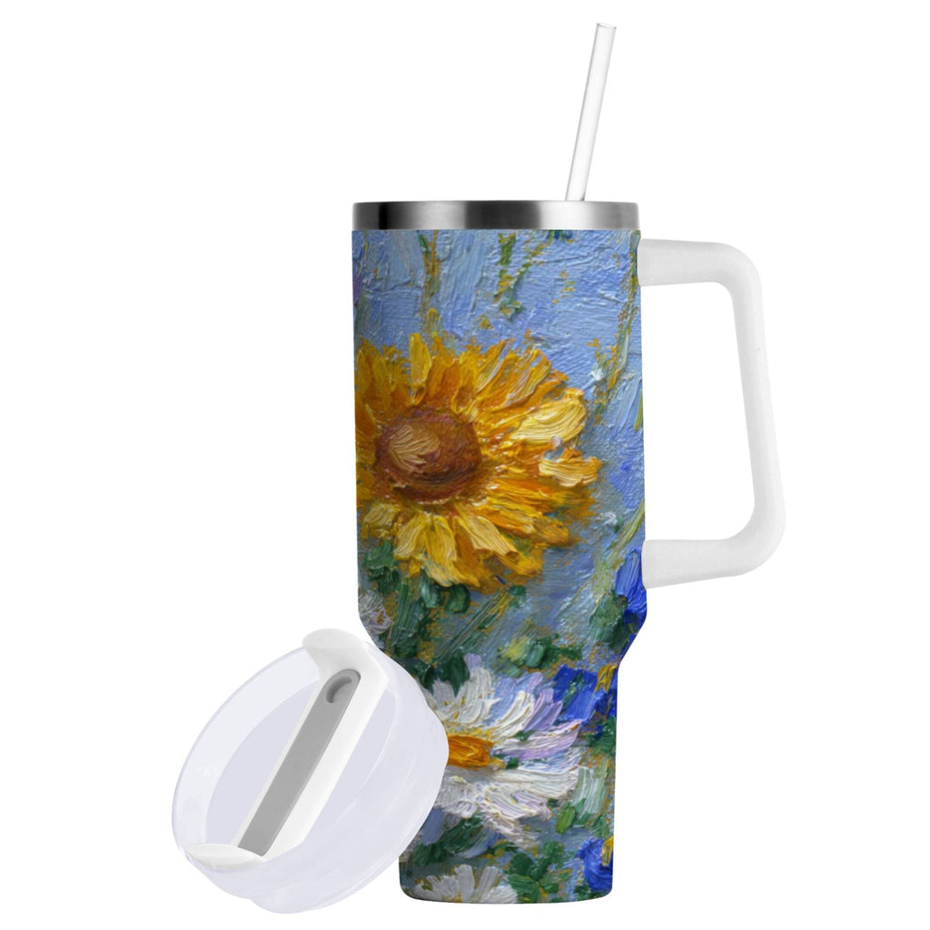 40 oz Insulated Stainless Steel Tumbler Double Wall Stainless Steel Tumbler with 2-Way Drinking Sunflowers and Daisies 3DT5