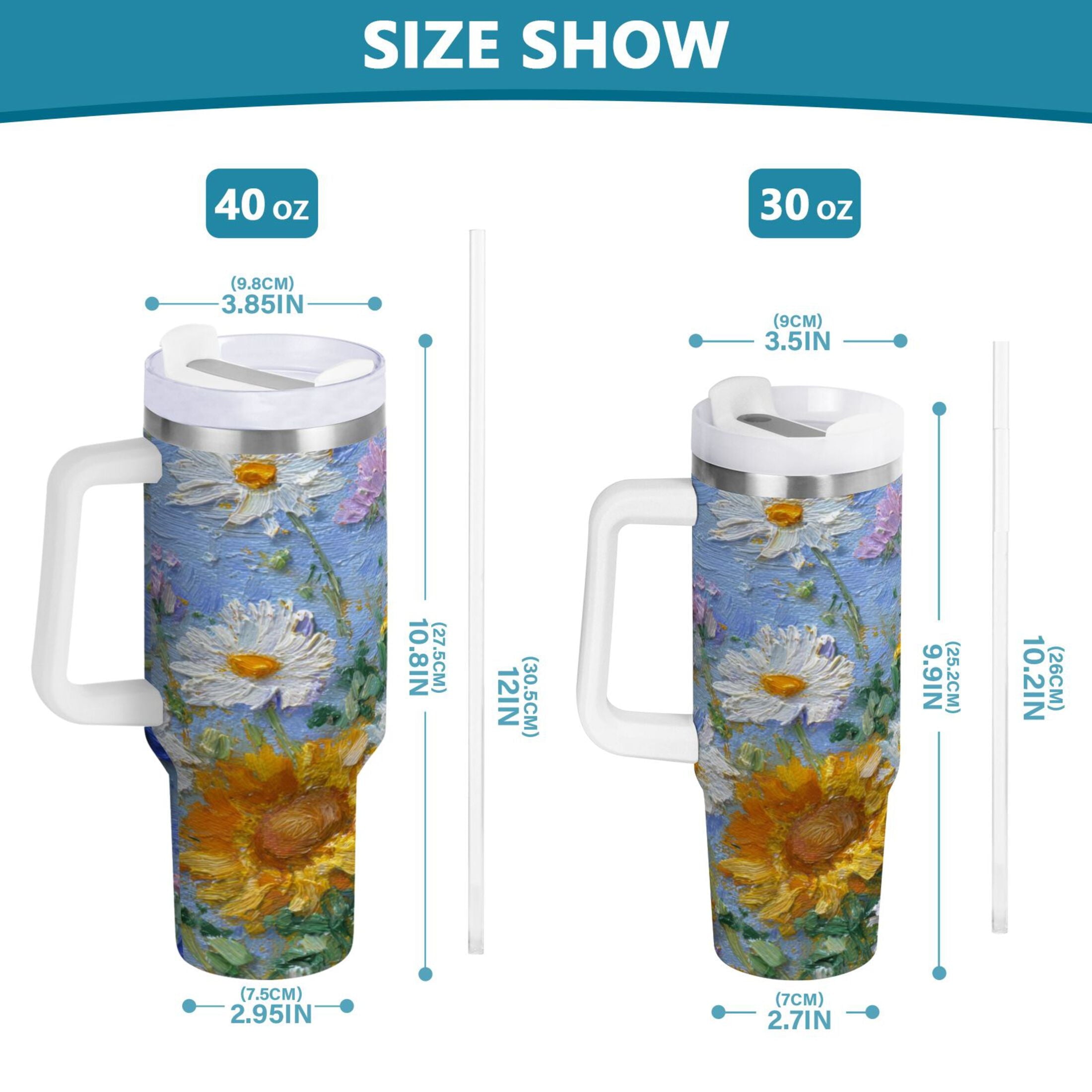 40 oz Insulated Stainless Steel Tumbler Double Wall Stainless Steel Tumbler with 2-Way Drinking Sunflowers and Daisies 3DT5