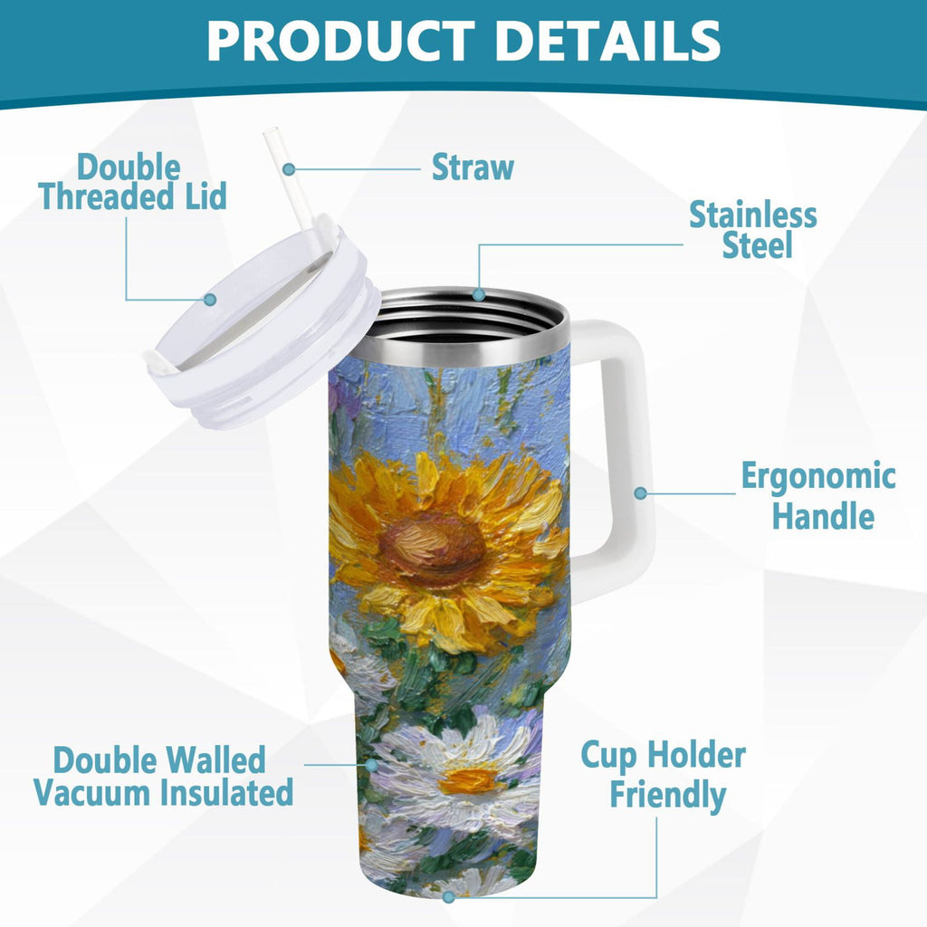 40 oz Insulated Stainless Steel Tumbler Double Wall Stainless Steel Tumbler with 2-Way Drinking Sunflowers and Daisies 3DT5