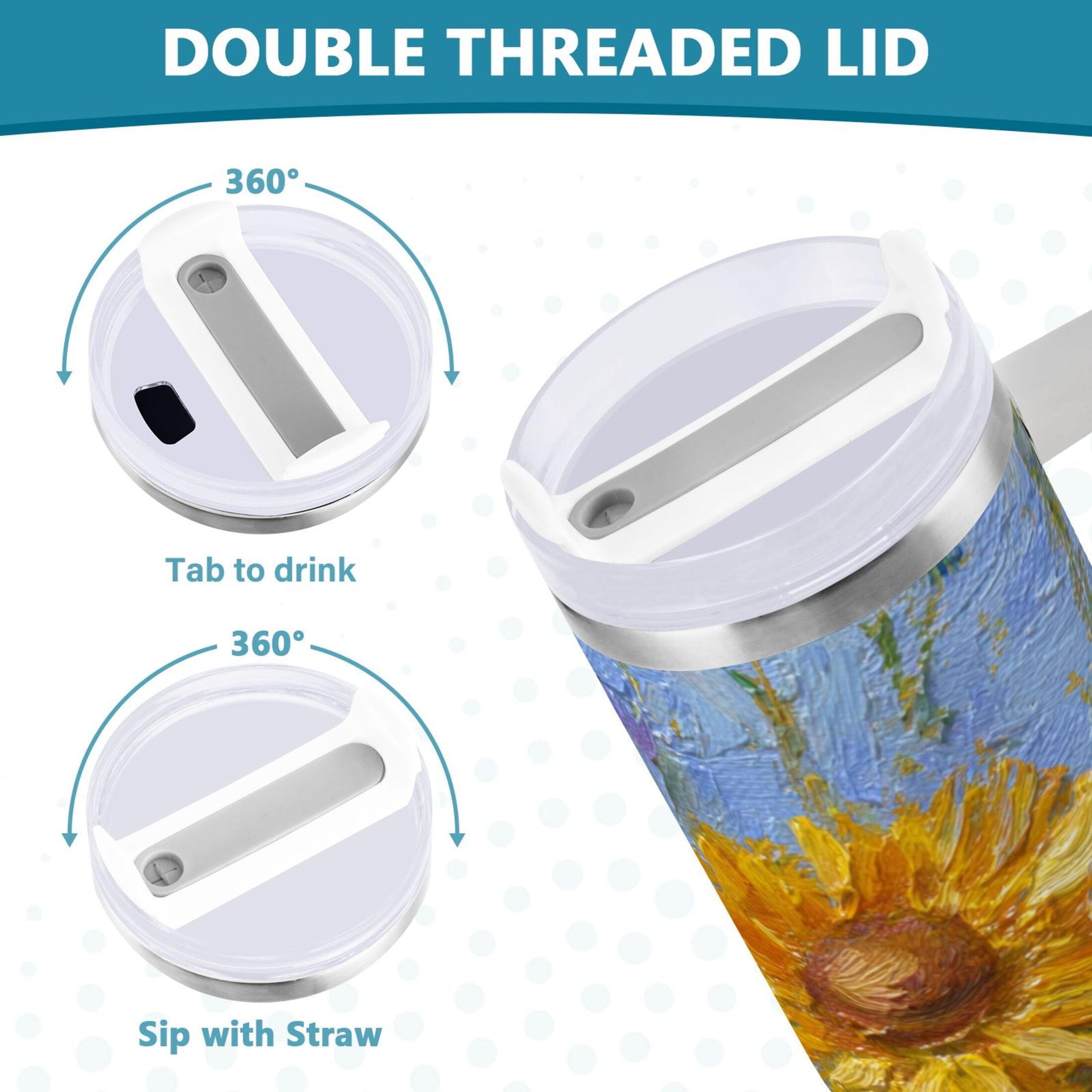 40 oz Insulated Stainless Steel Tumbler Double Wall Stainless Steel Tumbler with 2-Way Drinking Sunflowers and Daisies 3DT5