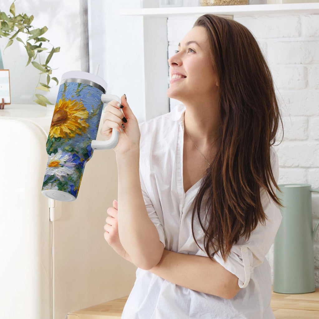 40 oz Insulated Stainless Steel Tumbler Double Wall Stainless Steel Tumbler with 2-Way Drinking Sunflowers and Daisies 3DT5