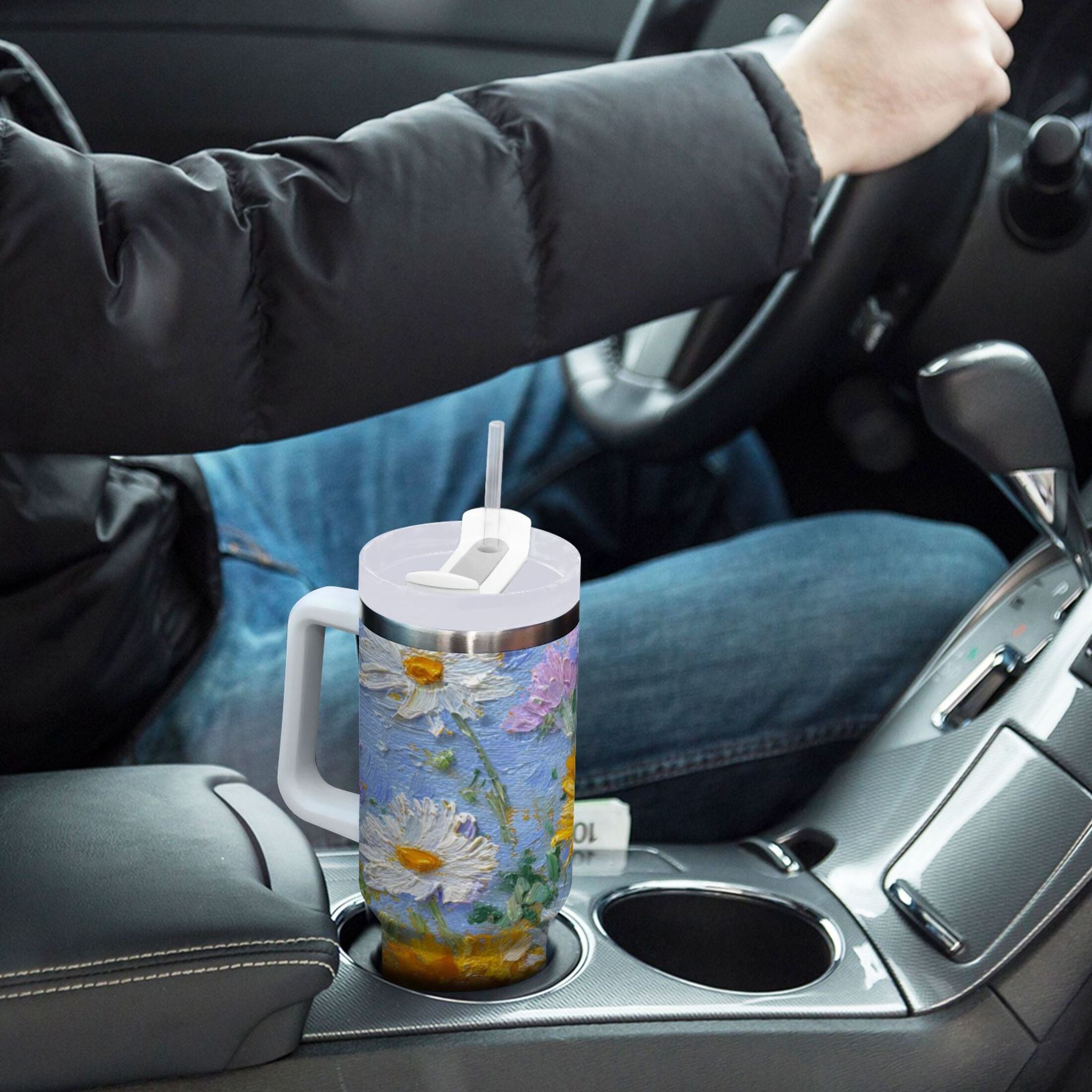 40 oz Insulated Stainless Steel Tumbler Double Wall Stainless Steel Tumbler with 2-Way Drinking Sunflowers and Daisies 3DT5