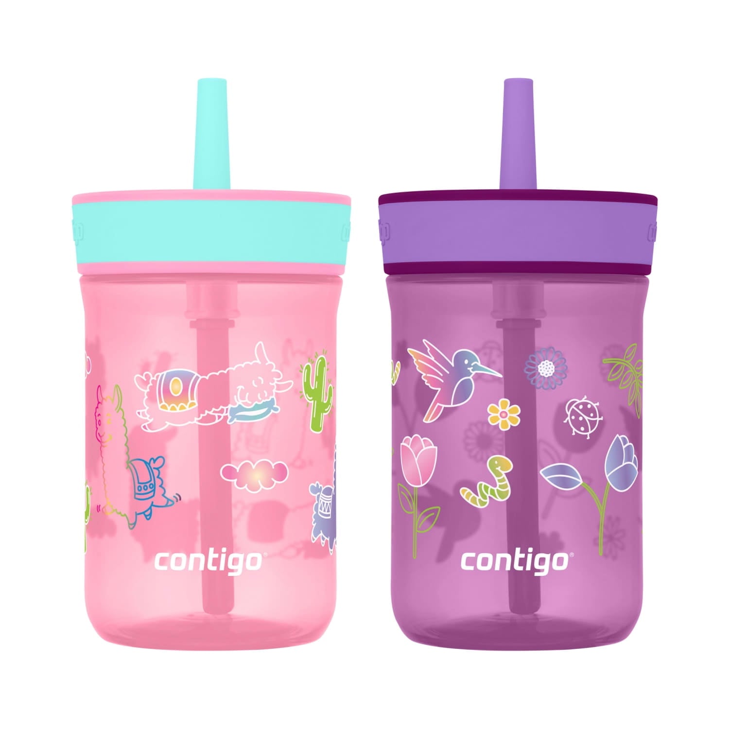 Contigo Kids Leighton Spill-Proof Tumbler with Straw, Ages 3+, Pink and Purple, 14 oz, 2 Pack W85G