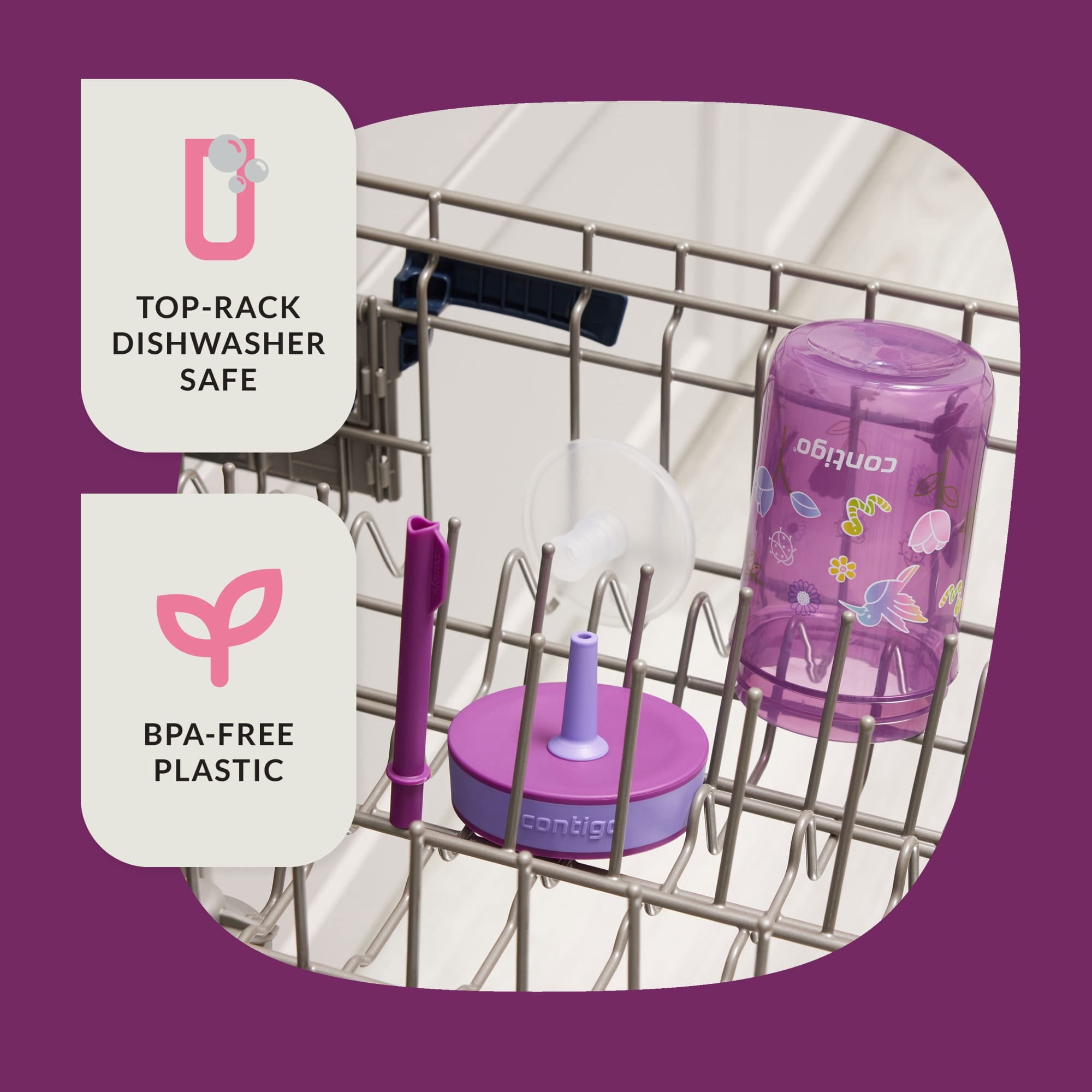 Contigo Kids Leighton Spill-Proof Tumbler with Straw, Ages 3+, Pink and Purple, 14 oz, 2 Pack W85G