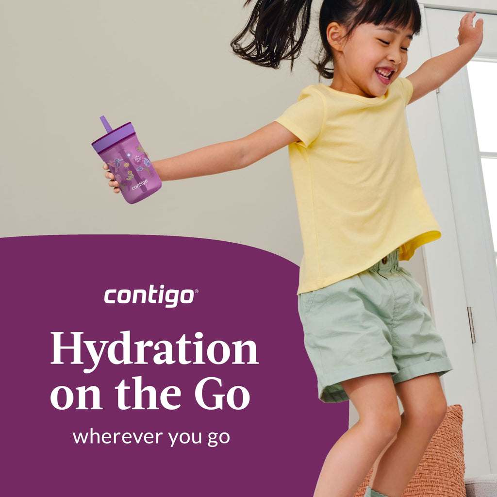 Contigo Kids Leighton Spill-Proof Tumbler with Straw, Ages 3+, Pink and Purple, 14 oz, 2 Pack W85G