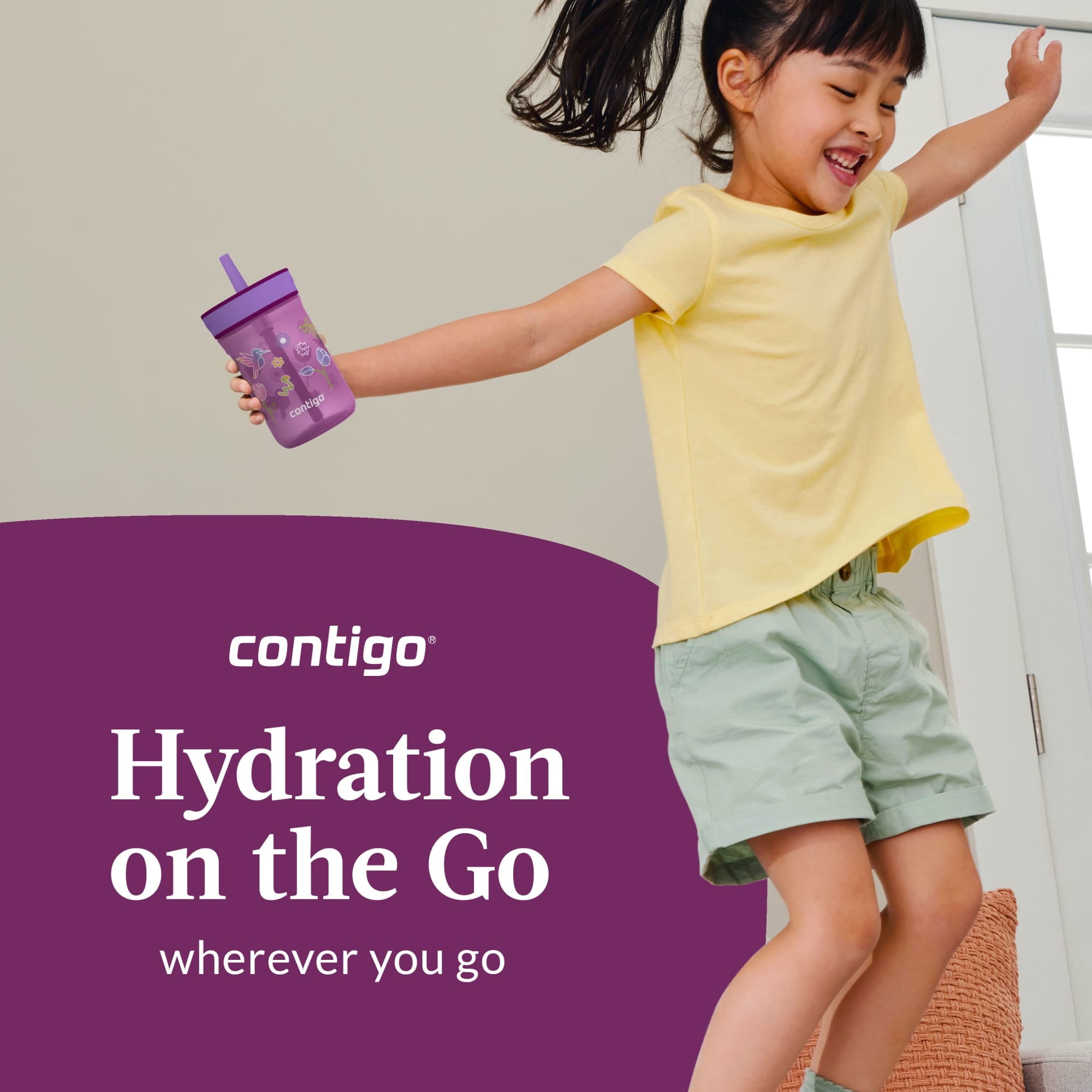Contigo Kids Leighton Spill-Proof Tumbler with Straw, Ages 3+, Pink and Purple, 14 oz, 2 Pack W85G