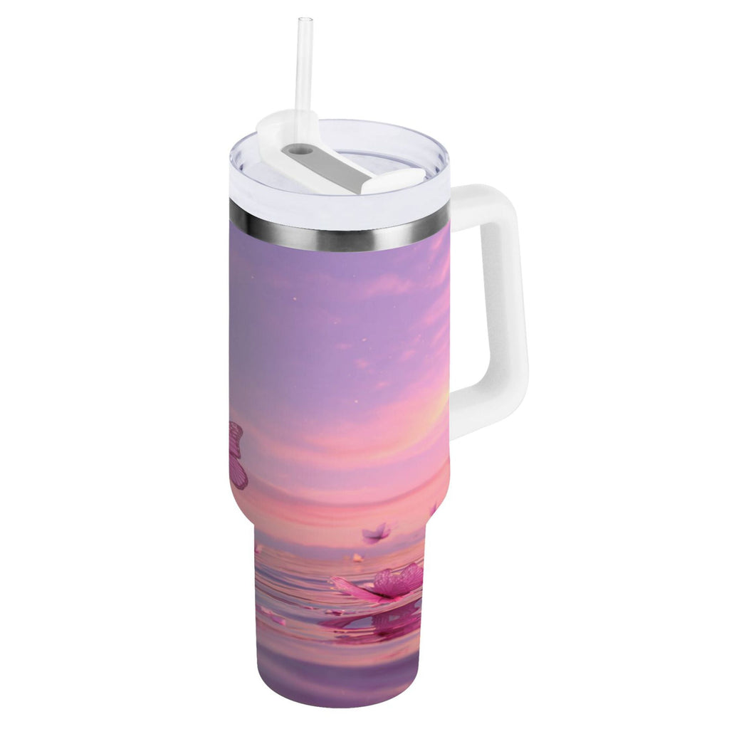 30 oz Insulated Stainless Steel Tumbler Double Wall Stainless Steel Tumbler with 2-Way Drinking Pink Butterflies Flying A1RF