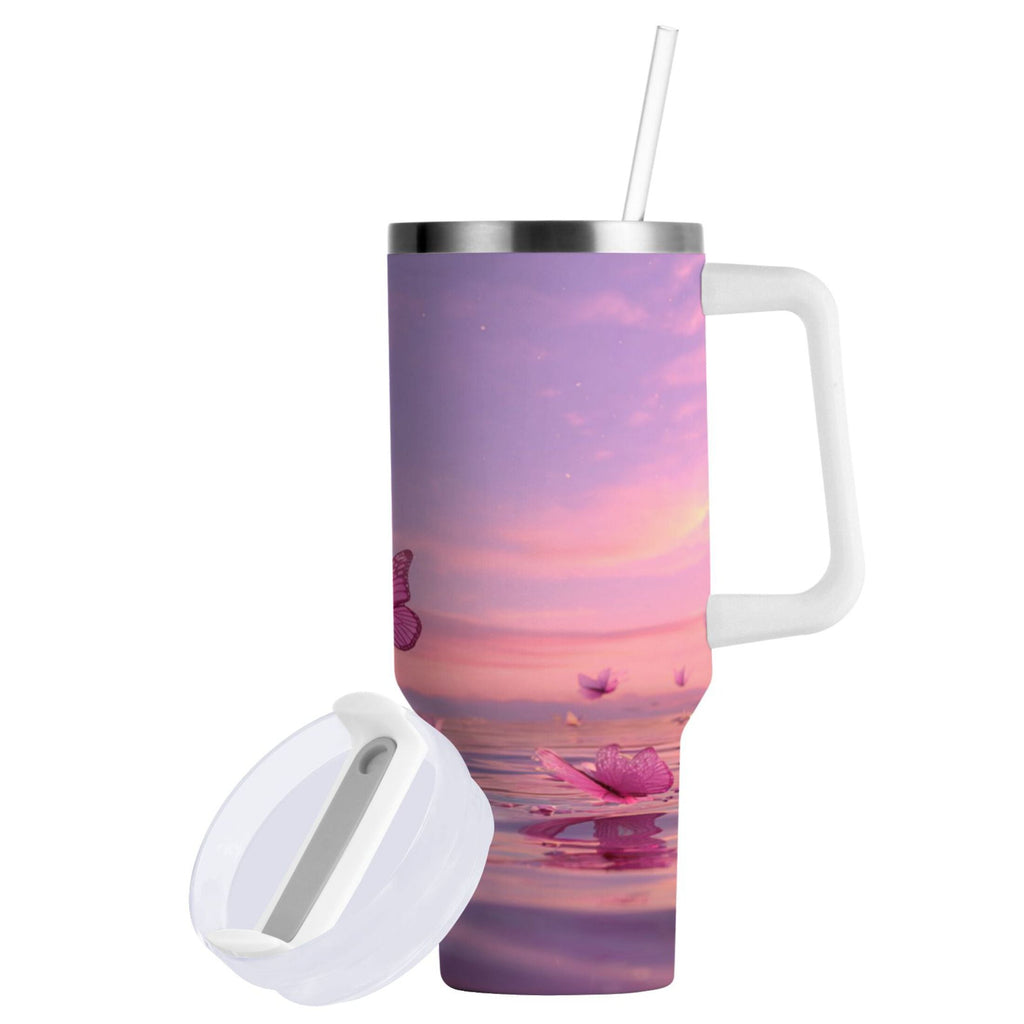 30 oz Insulated Stainless Steel Tumbler Double Wall Stainless Steel Tumbler with 2-Way Drinking Pink Butterflies Flying A1RF