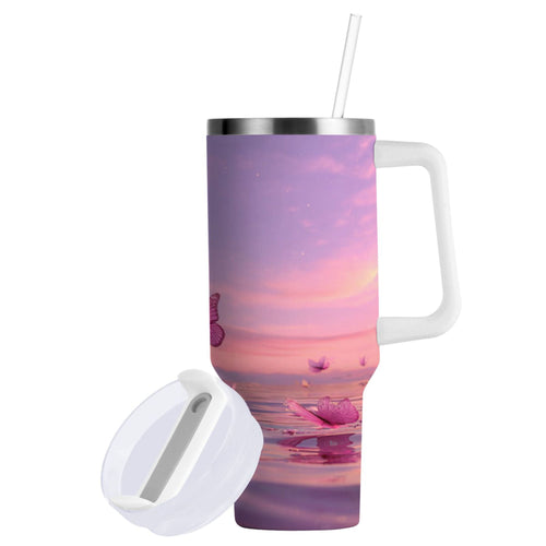 30 oz Insulated Stainless Steel Tumbler Double Wall Stainless Steel Tumbler with 2-Way Drinking Pink Butterflies Flying A1RF