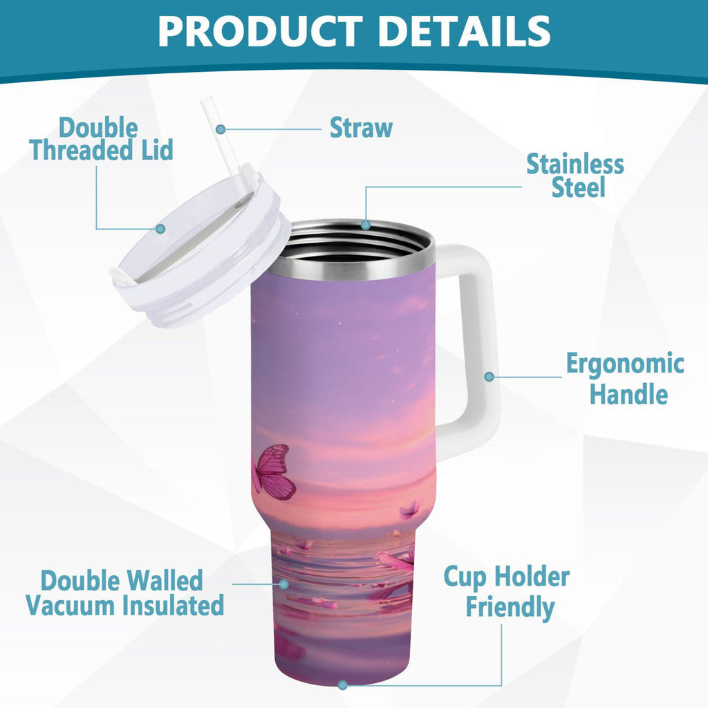 30 oz Insulated Stainless Steel Tumbler Double Wall Stainless Steel Tumbler with 2-Way Drinking Pink Butterflies Flying A1RF