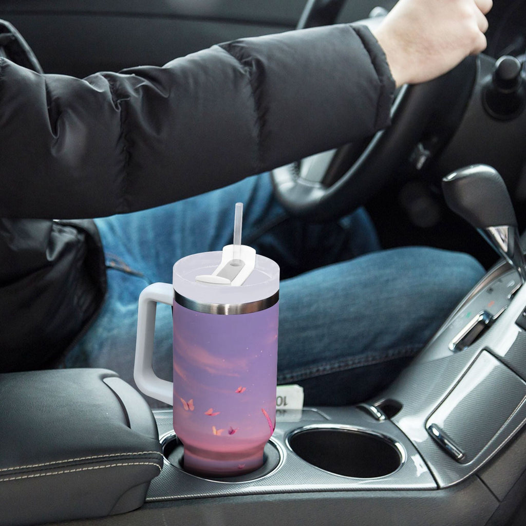 30 oz Insulated Stainless Steel Tumbler Double Wall Stainless Steel Tumbler with 2-Way Drinking Pink Butterflies Flying A1RF