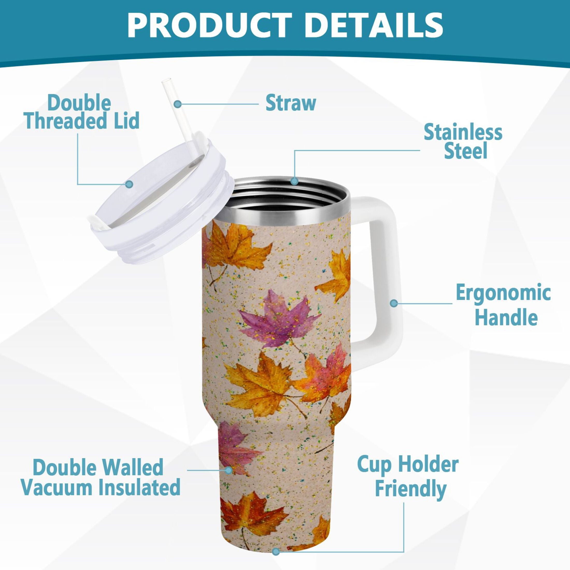 40 oz Insulated Stainless Steel Tumbler Double Wall Stainless Steel Tumbler with 2-Way Drinking Colored Autumn Leaves K6AA